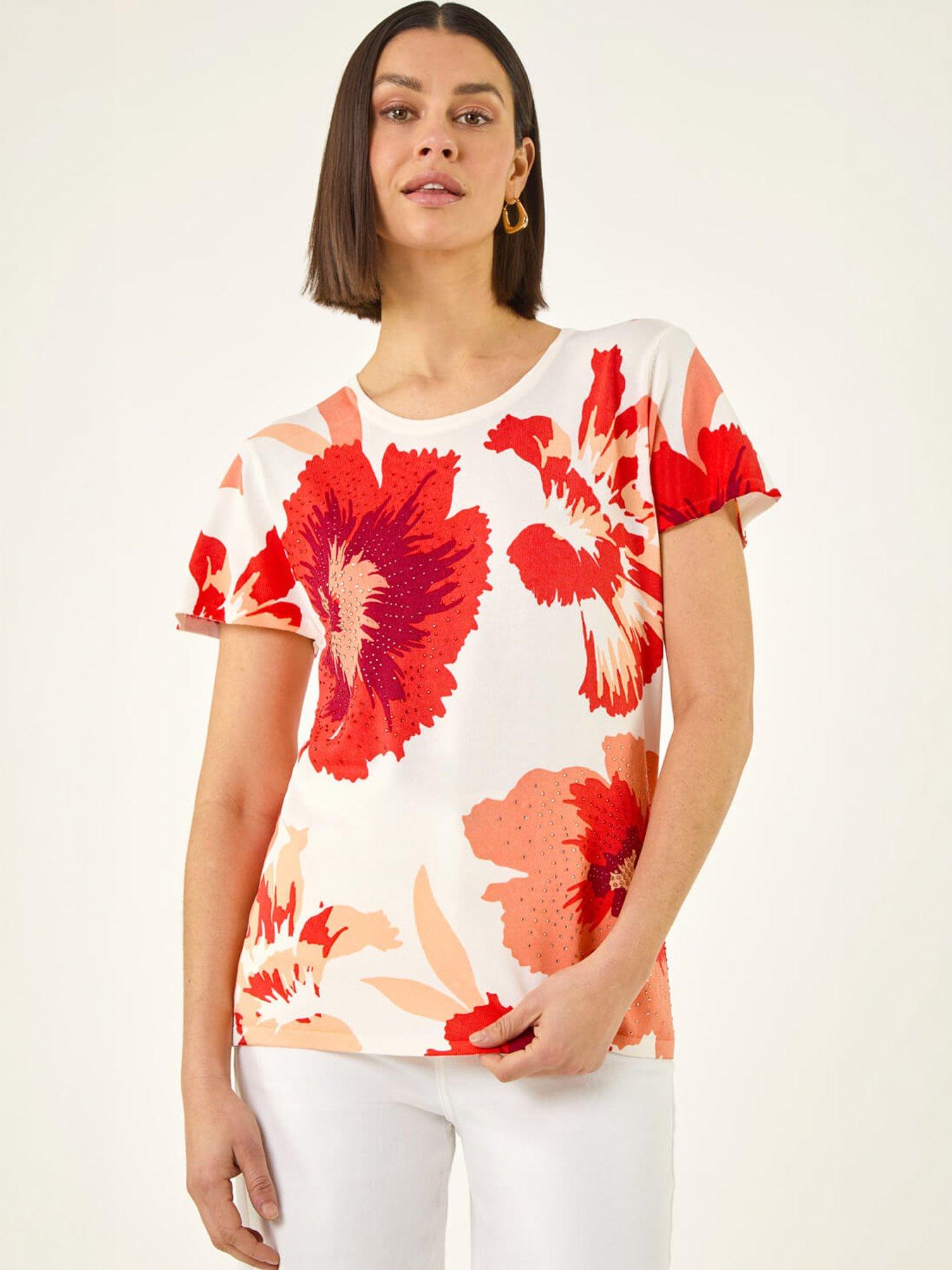 Roman Floral Print Embellished Knit Top