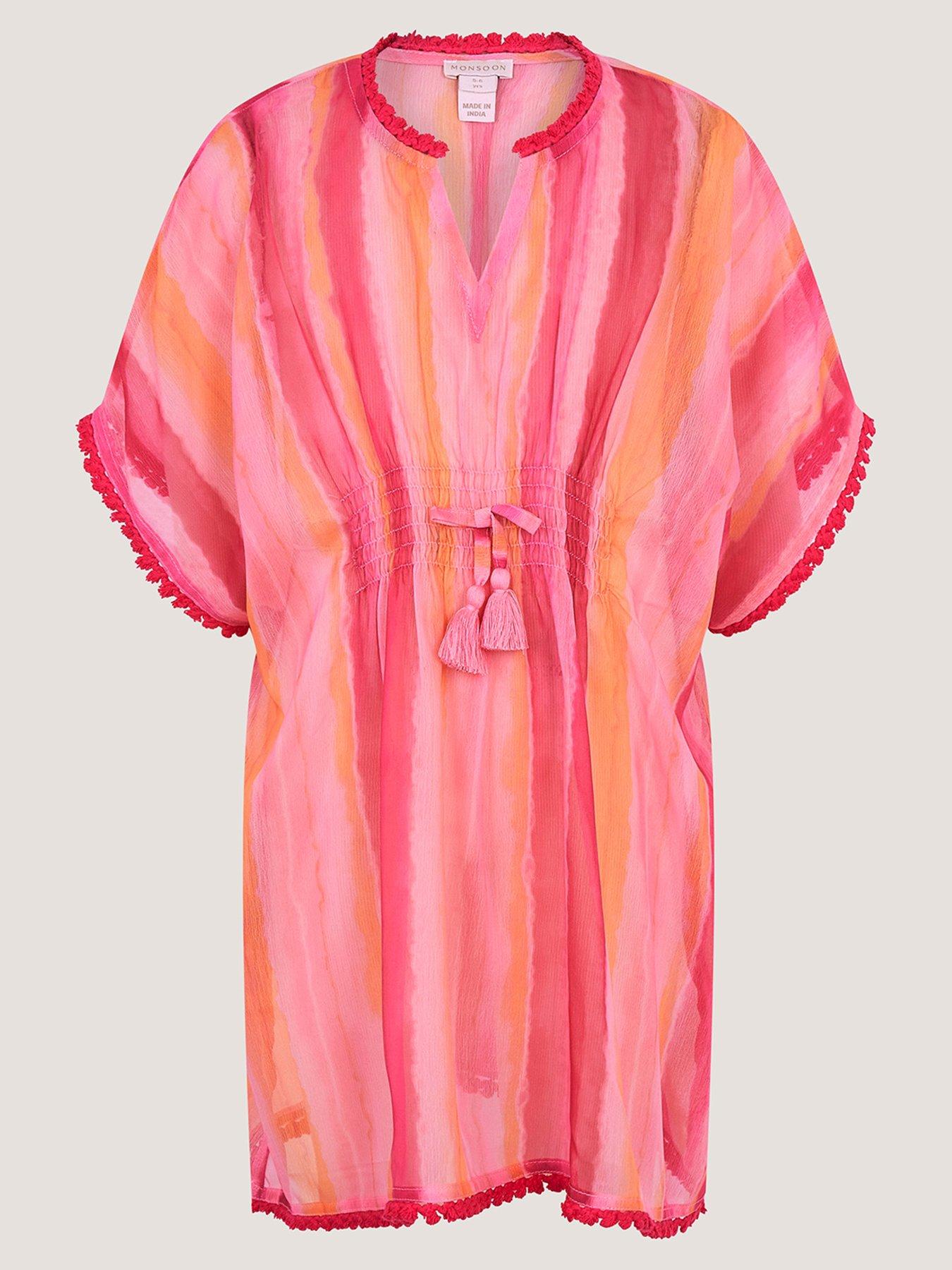 Monsoon Girls Stripe Tye Dye Kaftan, Pink, Size Age: 11-12 Years
