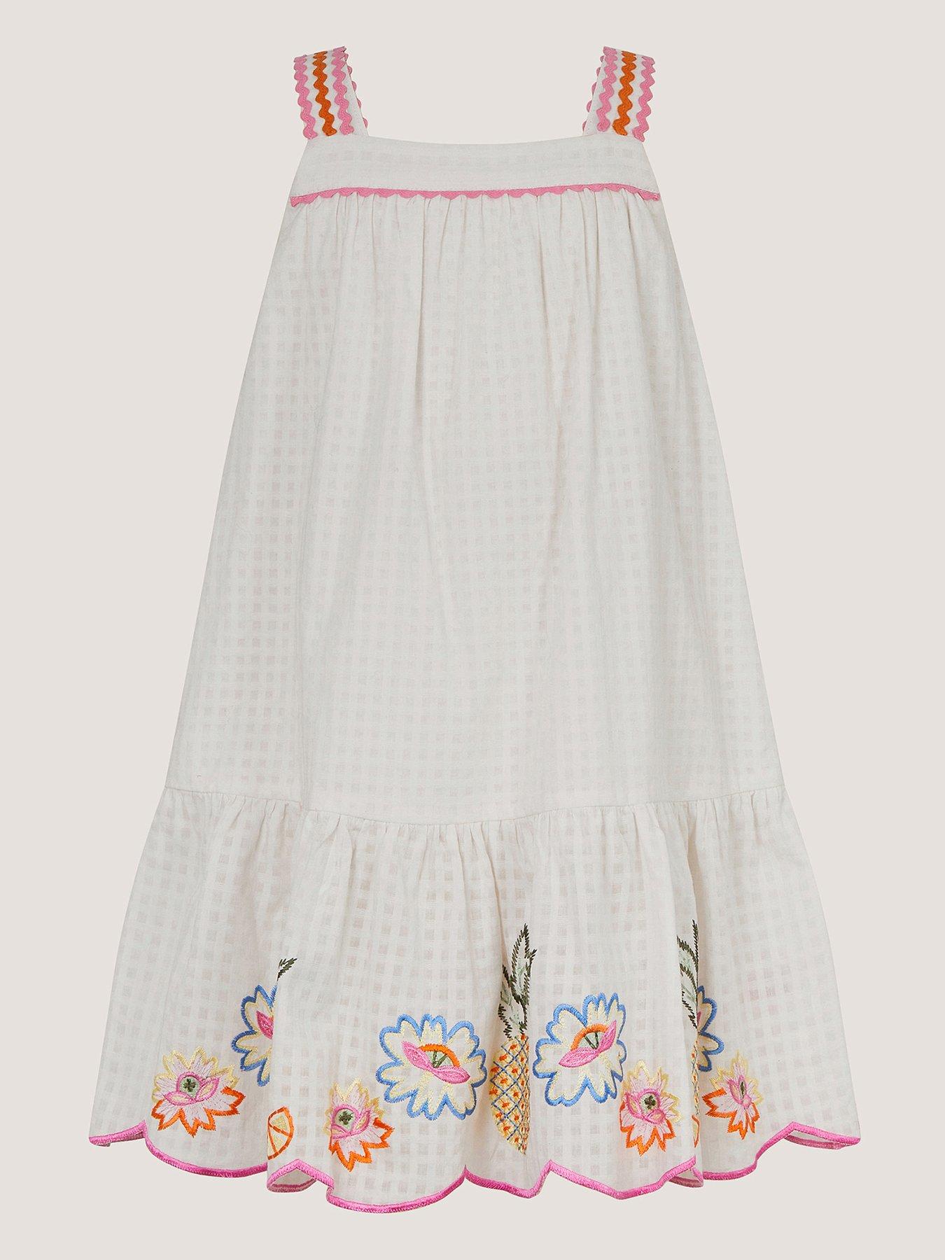 Monsoon Girls Embroidered Pineapple Swing Dress, White, Size 5-6 Years