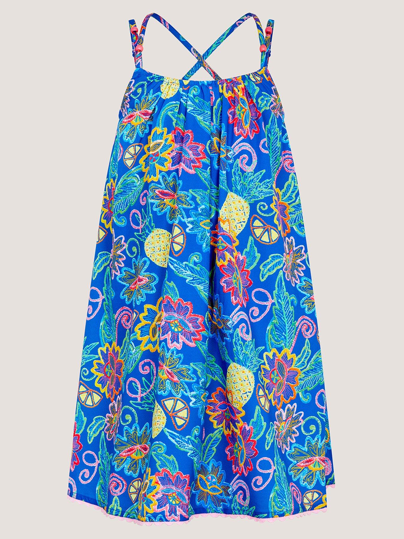 Monsoon Girls Pineapple Print Dress, Blue, Size 5-6 Years