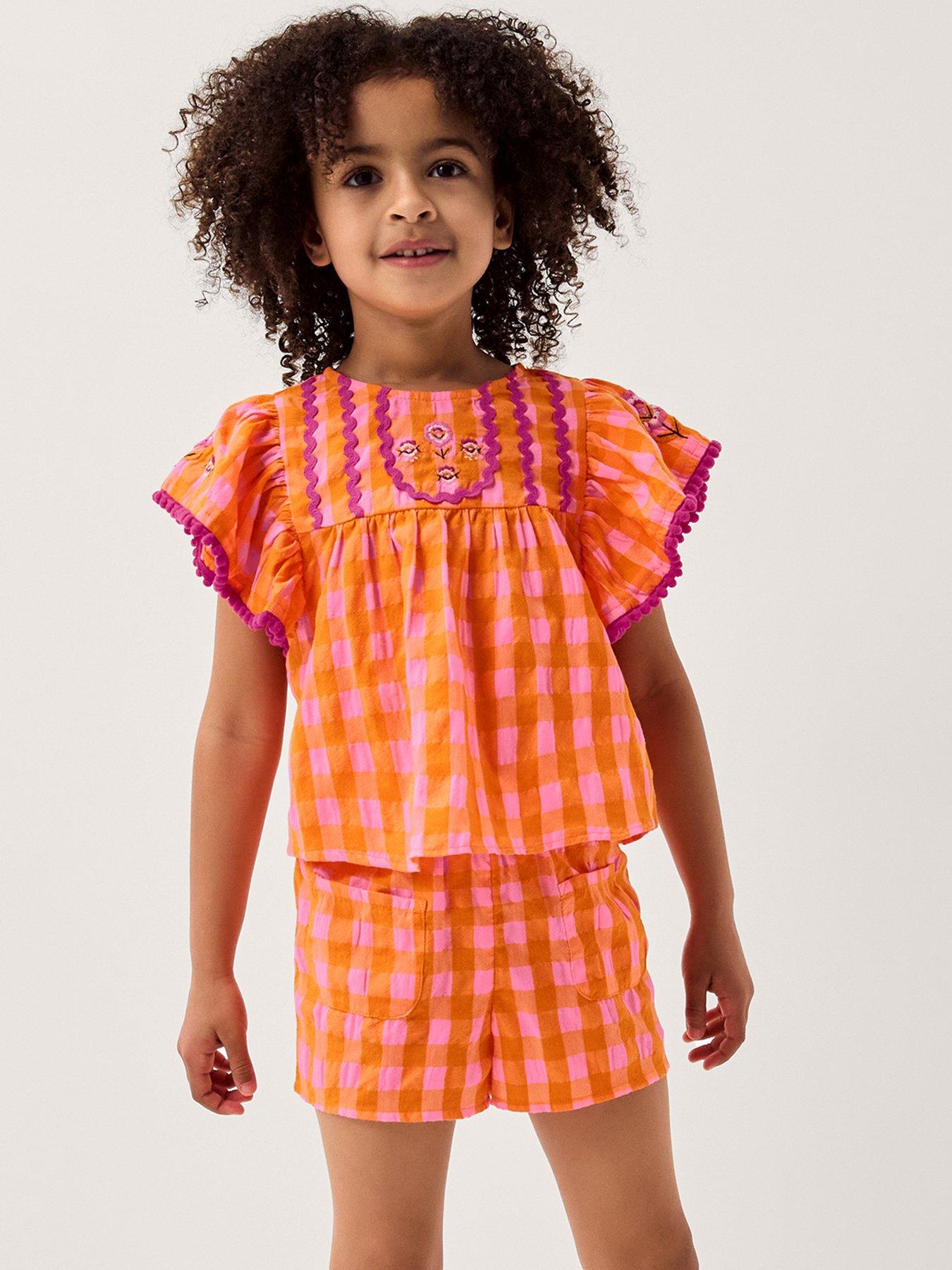 Monsoon Girls Gingham Embroidered Shorts Set - Orange