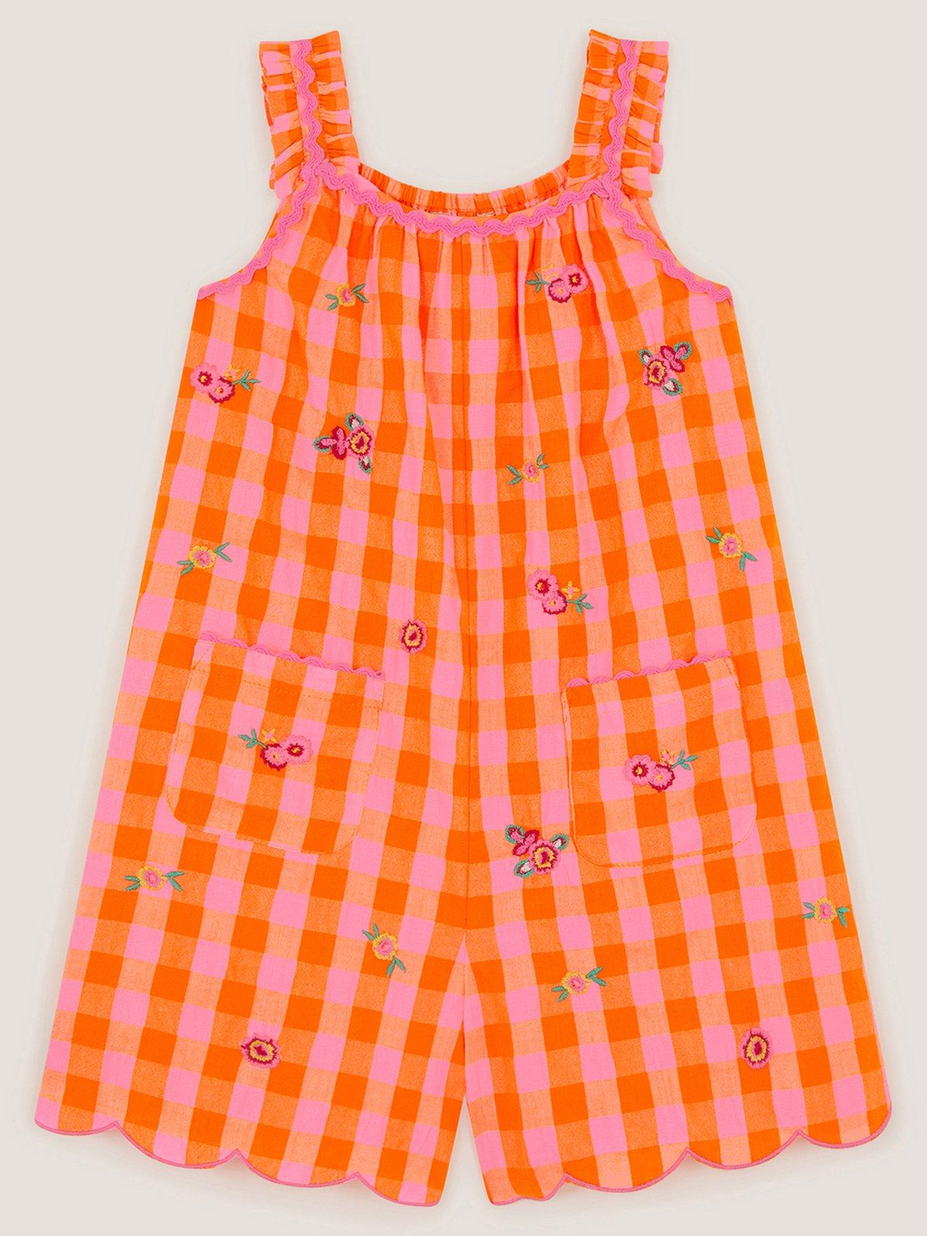 Image 1 of 3 of Monsoon Girls Gingham Embroidered Playsuit - Orange