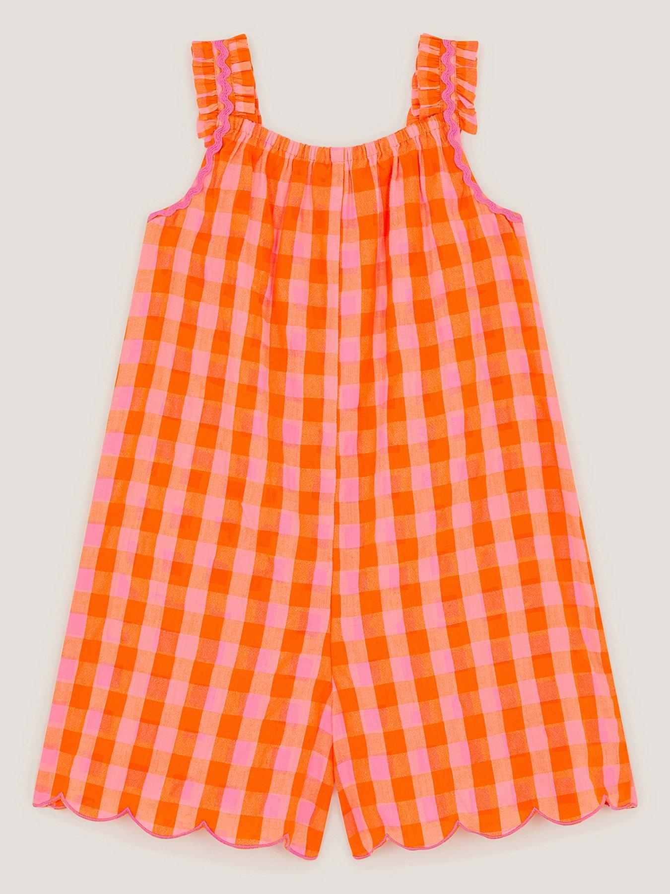 Image 2 of 3 of Monsoon Girls Gingham Embroidered Playsuit - Orange