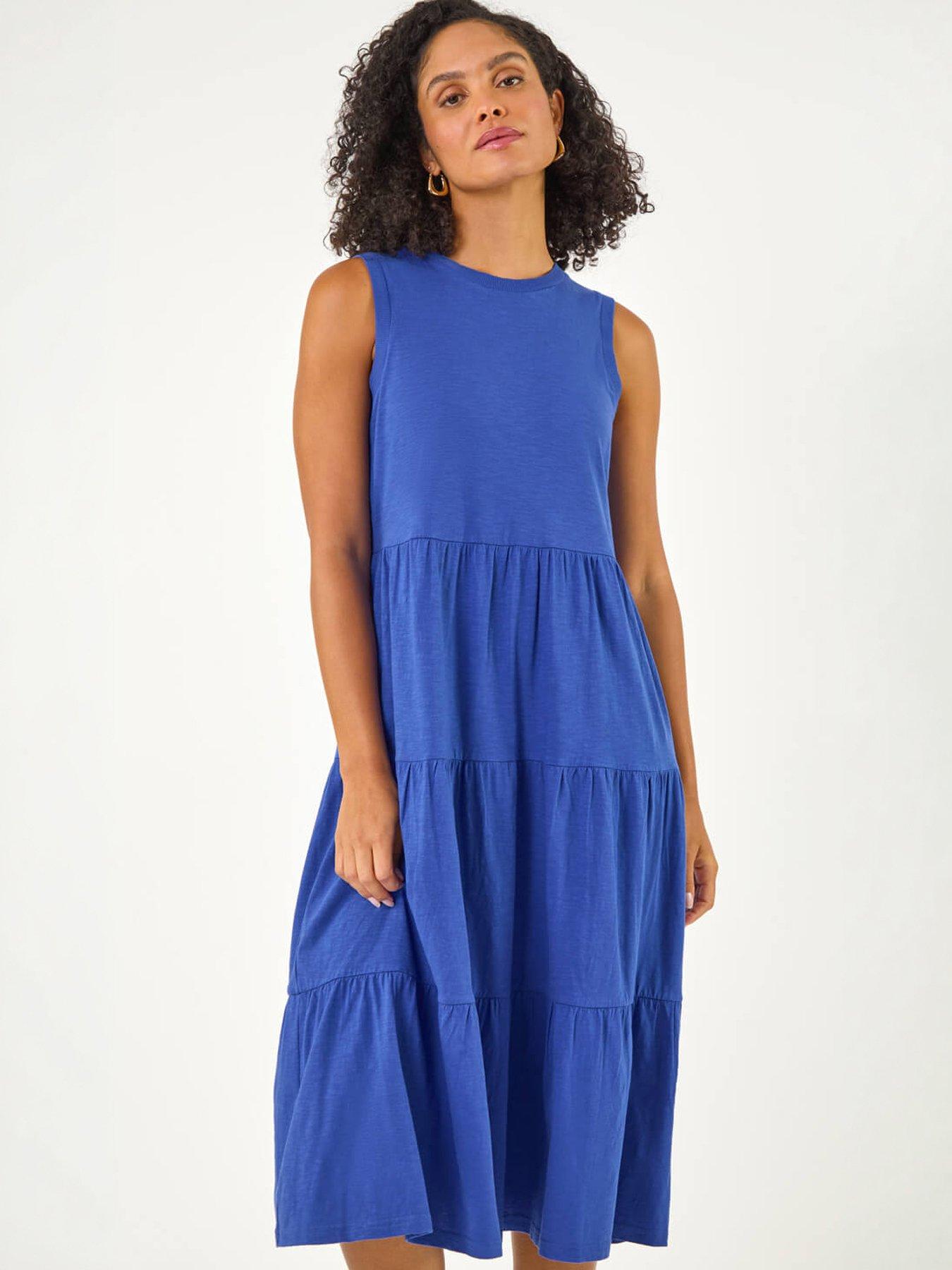 Roman Tiered Midi Smock Dress, Blue, Size 14, Women