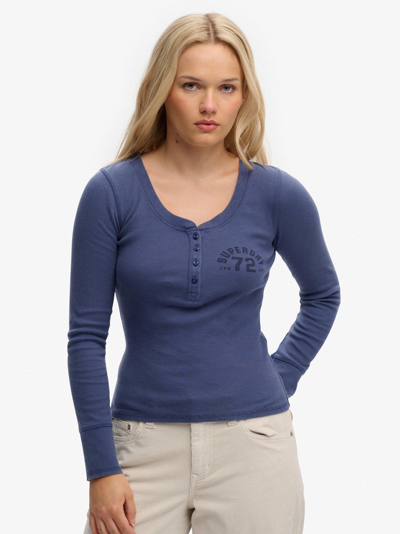 Superdry Athletic Button Down Long Sleeve Top - Navy