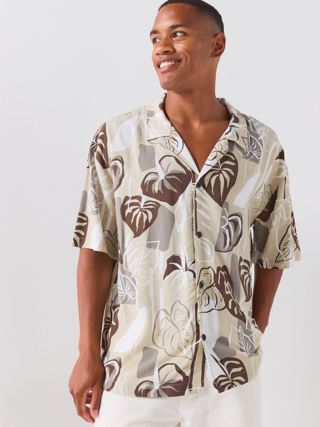 Image 1 of 6 of HUGO Floral Print Relaxed Fit Short Sleeve Shirt - Light Beige