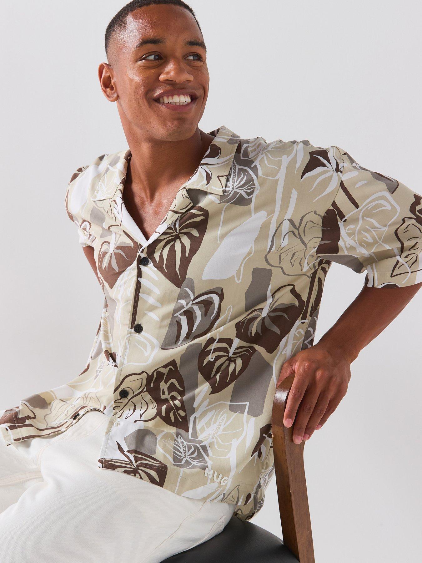 Image 4 of 6 of HUGO Floral Print Relaxed Fit Short Sleeve Shirt - Light Beige