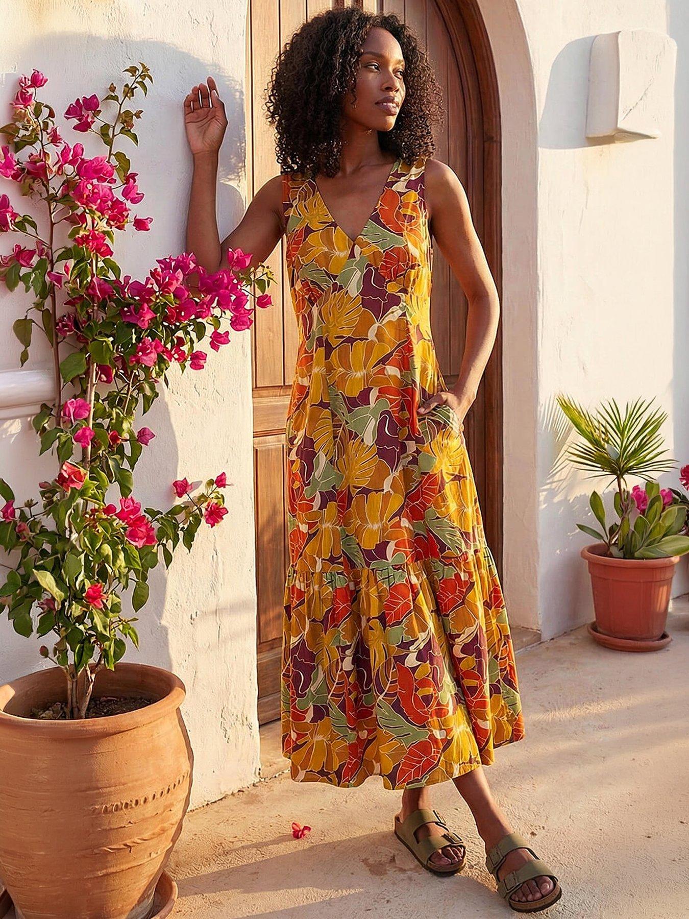 Roman Leaf Print Tiered Midi Dress, Orange, Size 10, Women