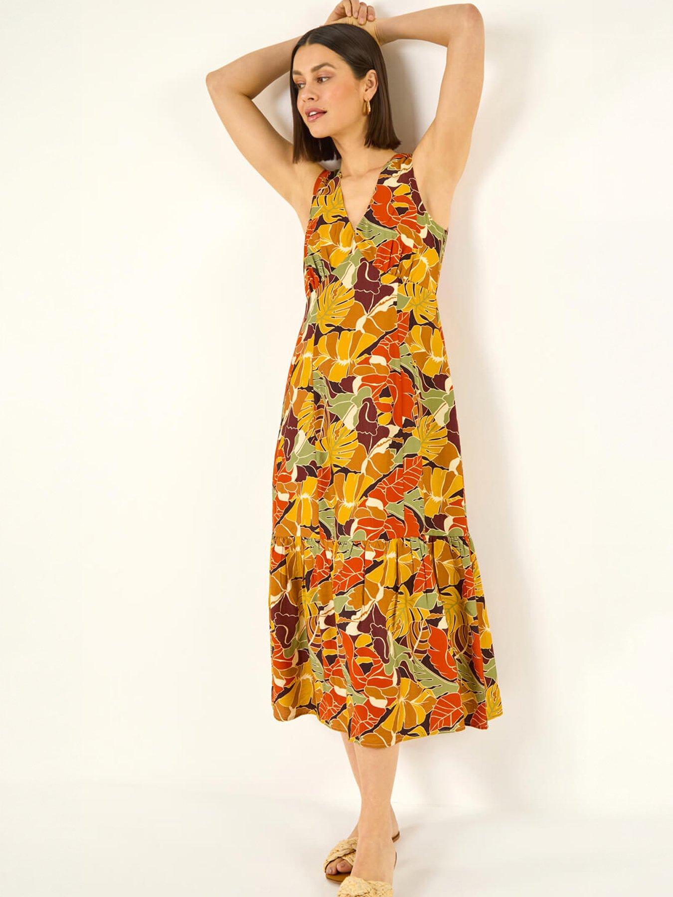 Roman Leaf Print Tiered Midi Dress
