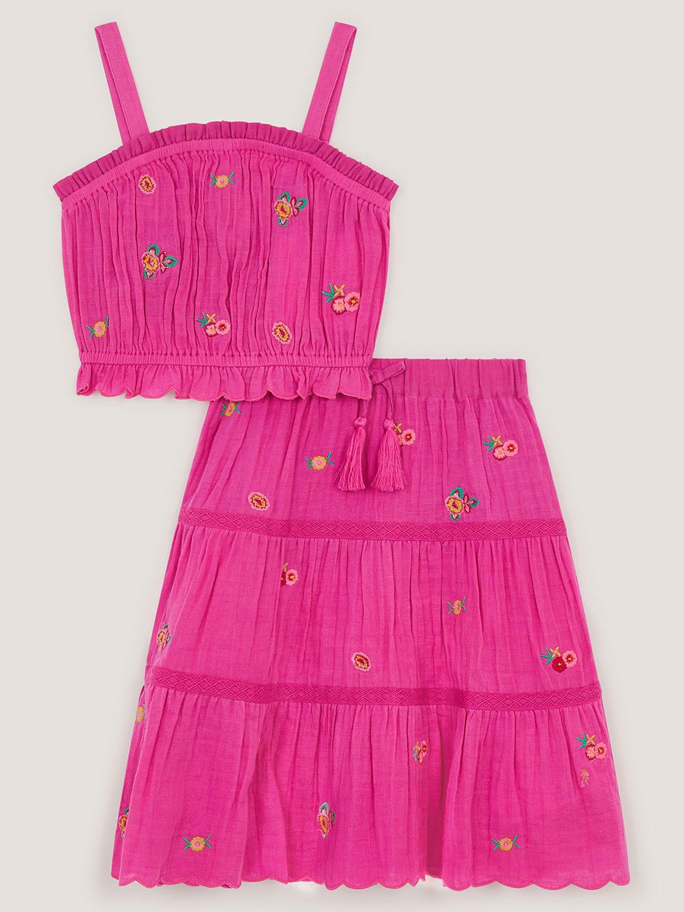Monsoon Girls Embroidered Maxi Skirt Set - Bright Pink