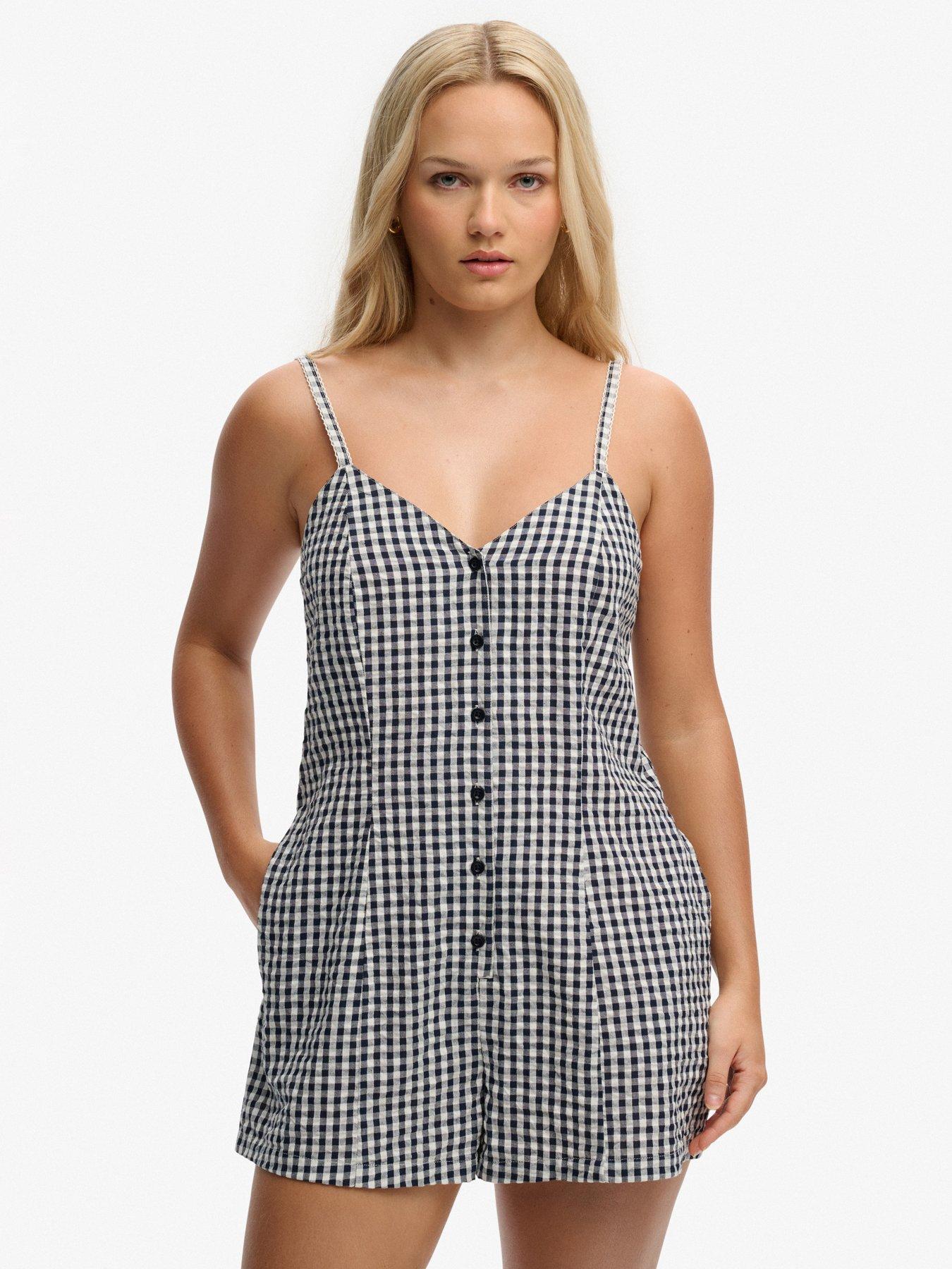 Image 1 of 7 of Superdry Gingham Cami Playsuit - Navy