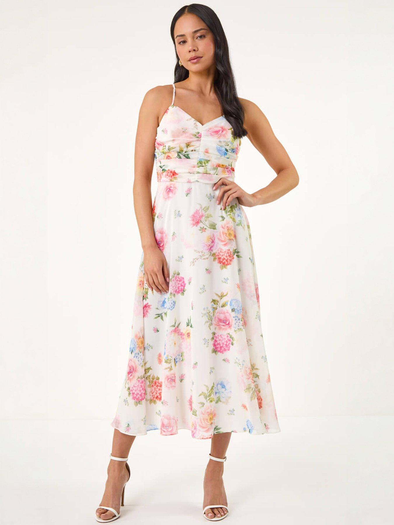 Roman Petite Floral Ruched Midi Dress