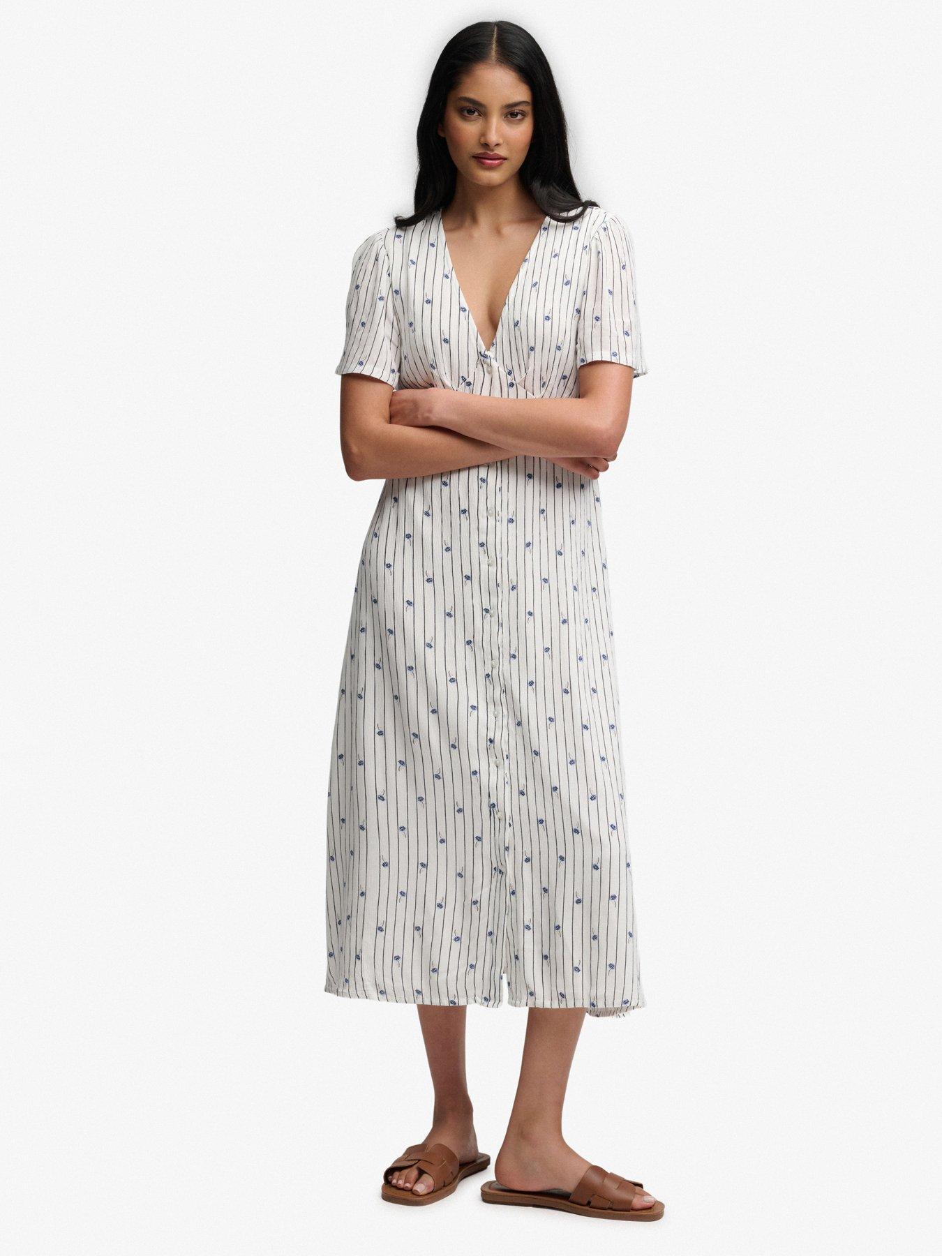 Superdry Print Button Short Sleeve Midi Tea Dress - White