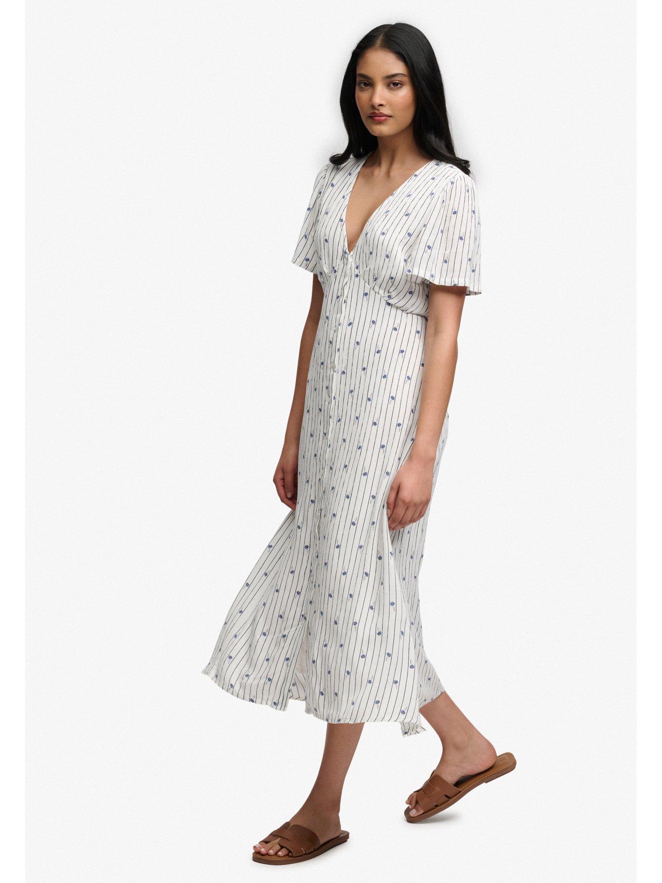 Superdry Print Button Short Sleeve Midi Tea Dress - White | Very
