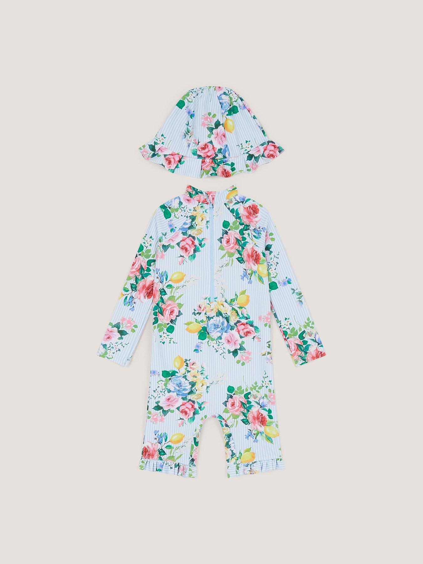 Image 1 of 3 of Monsoon Baby Girls 2 Piece Shortie Upf Swimsuit &amp; Hat - Blue