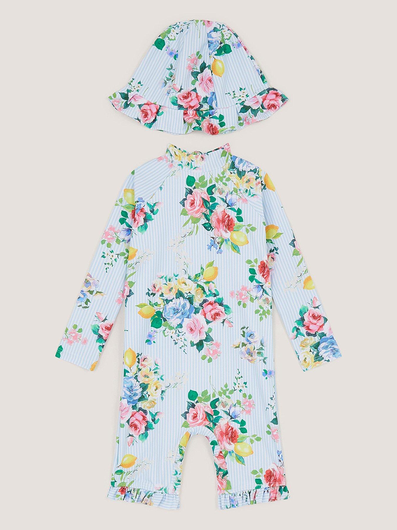 Image 2 of 3 of Monsoon Baby Girls 2 Piece Shortie Upf Swimsuit &amp; Hat - Blue