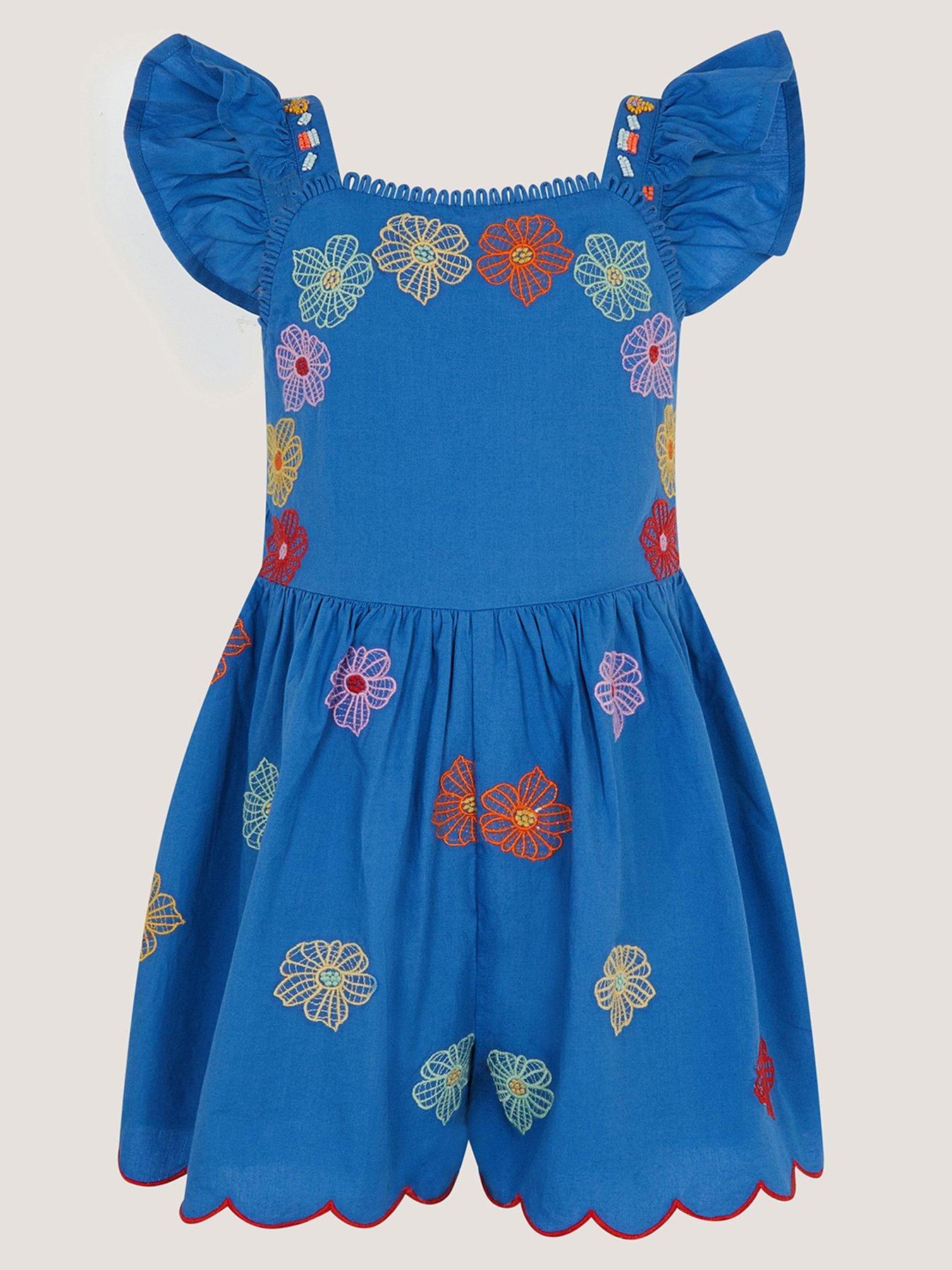 Monsoon Girls Blue Floral Embroidered Playsuit - Blue
