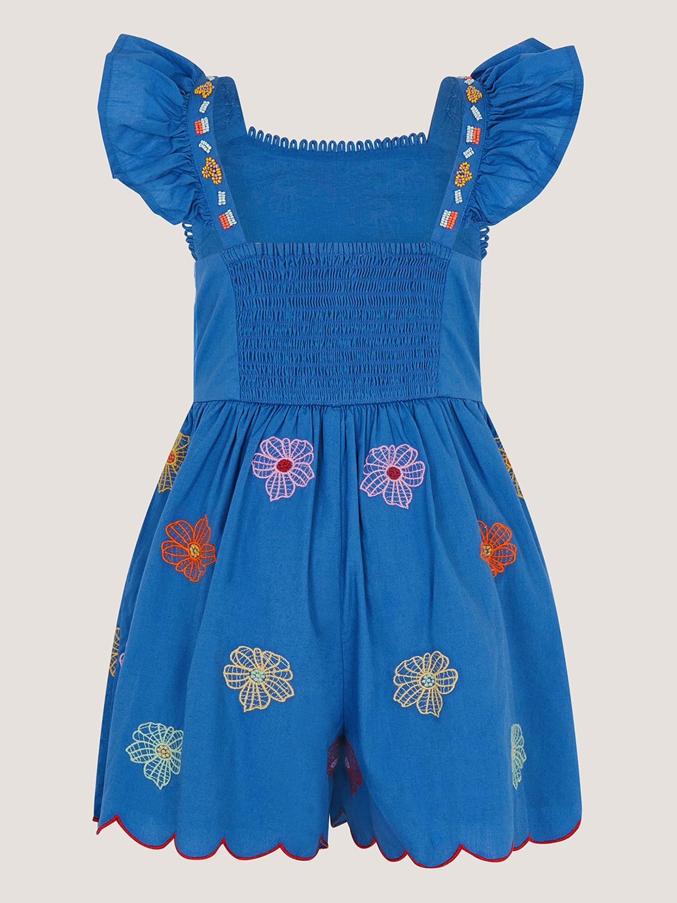 Image 2 of 4 of Monsoon Girls Blue Floral Embroidered Playsuit - Blue