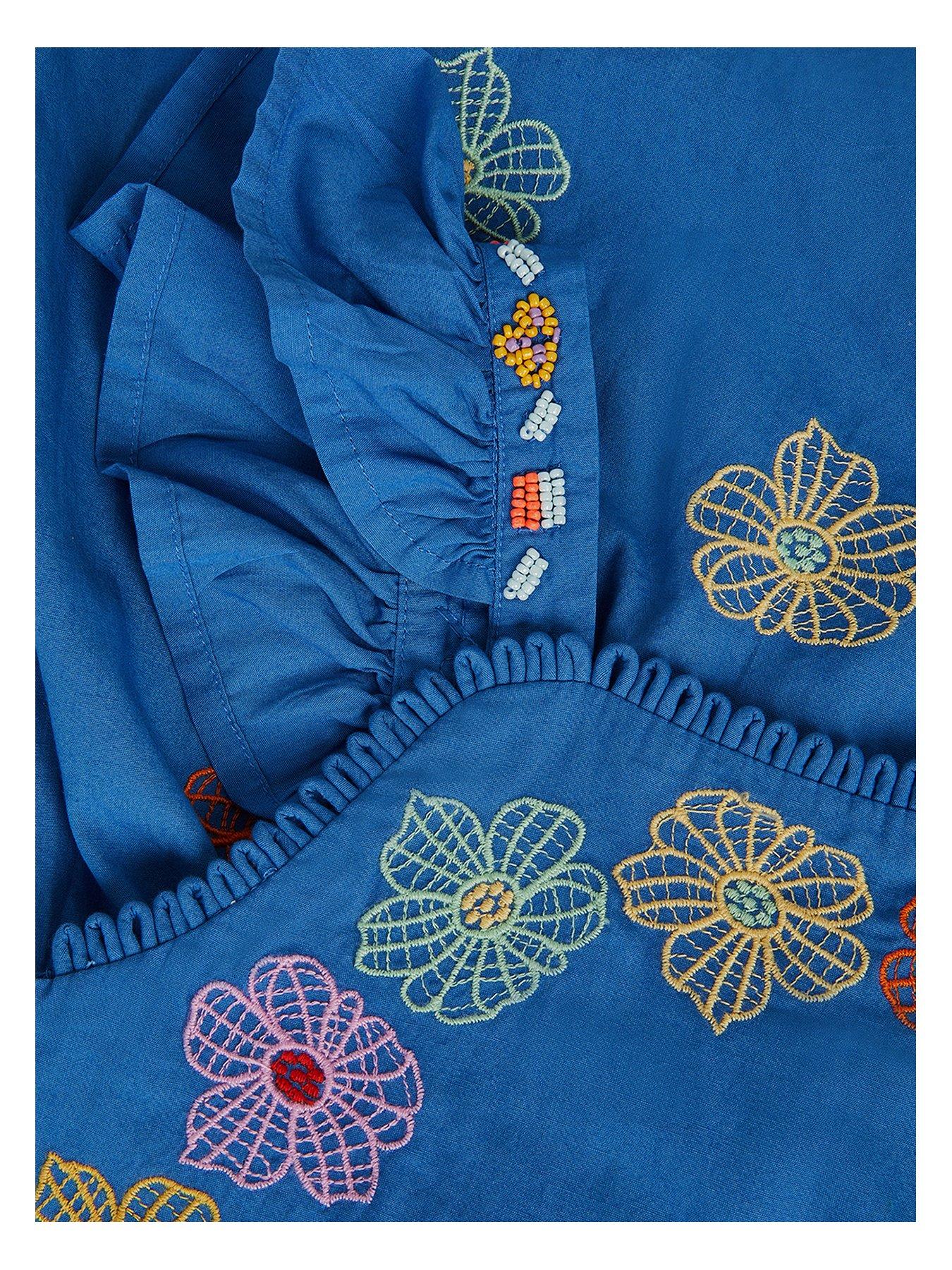 Image 3 of 4 of Monsoon Girls Blue Floral Embroidered Playsuit - Blue