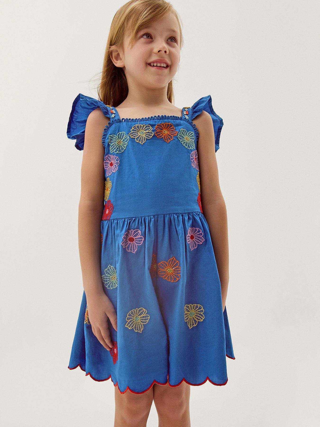 Image 4 of 4 of Monsoon Girls Blue Floral Embroidered Playsuit - Blue