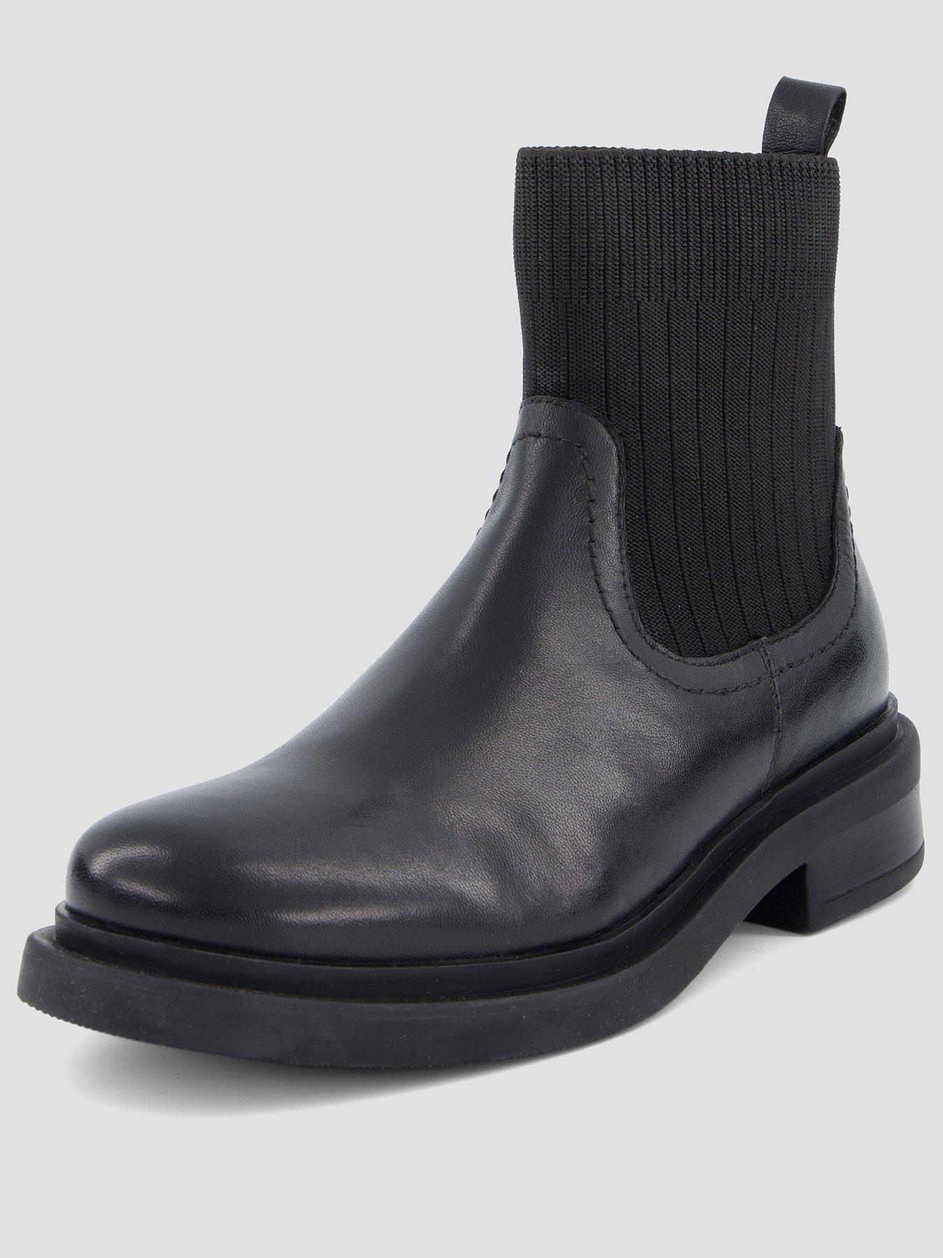 Image 2 of 7 of The Very Collection Real Leather Ankle Boot With Rib Sock Detail - Black