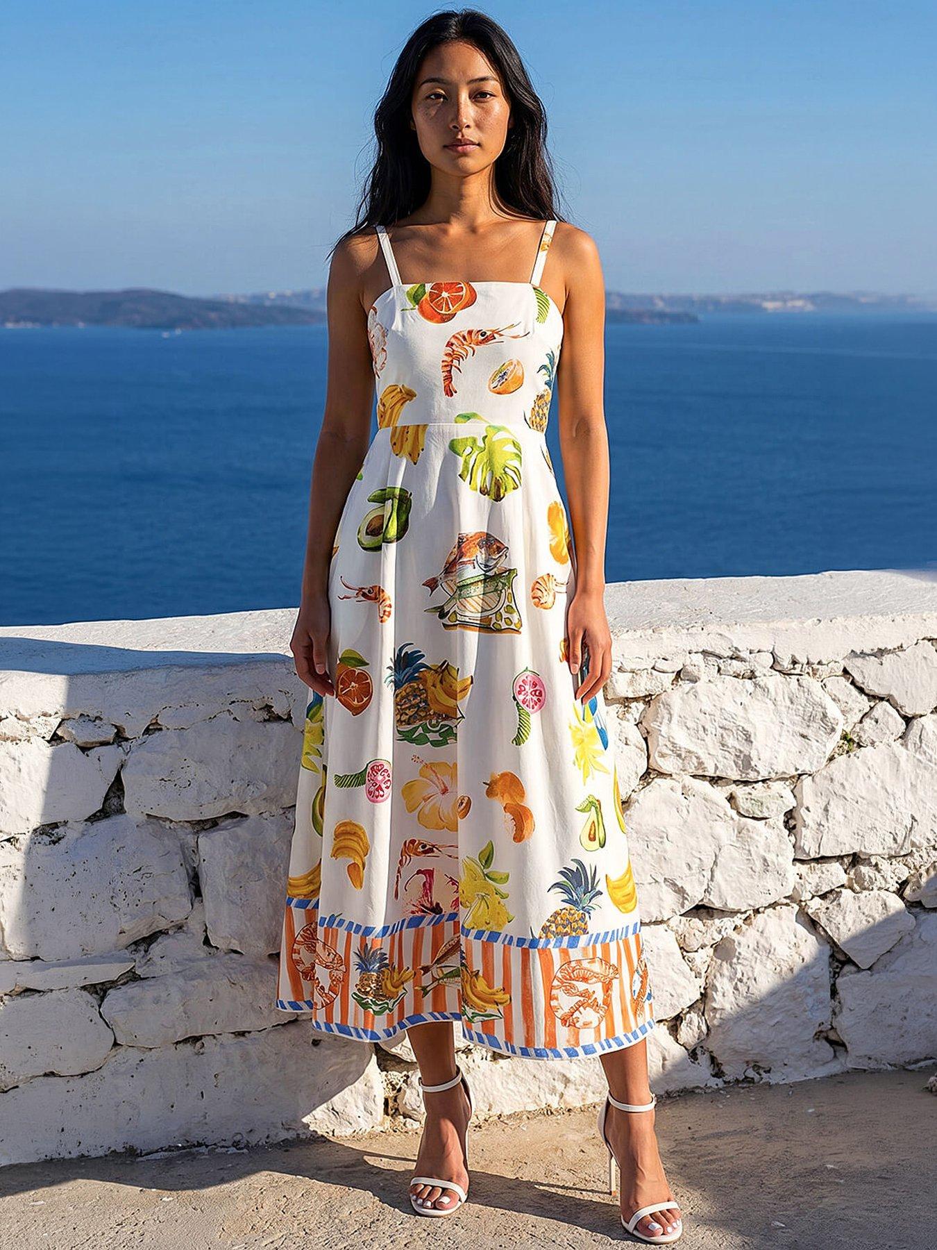 Roman Petite Fruit Print Strappy Midi Dress