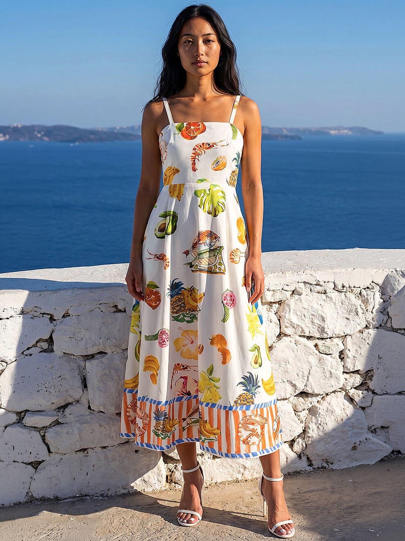 Roman Petite Fruit Print Strappy Midi Dress