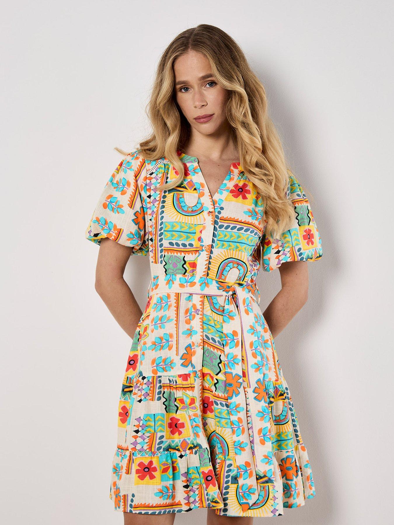 Image 1 of 4 of Apricot Tropical Animation Puff Sleeve Dress - Multicolour&nbsp;print