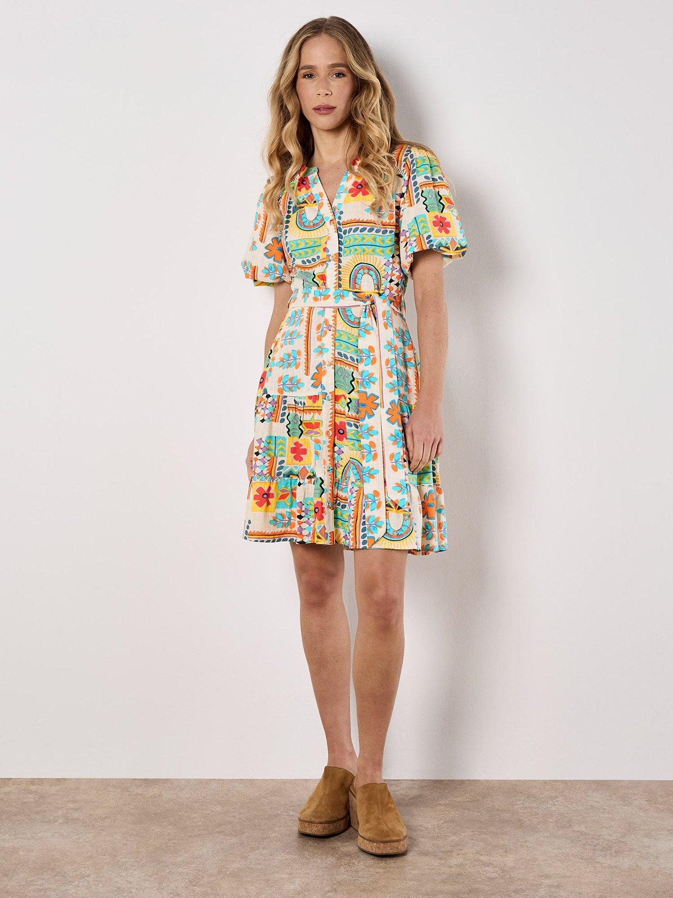 Image 3 of 4 of Apricot Tropical Animation Puff Sleeve Dress - Multicolour&nbsp;print