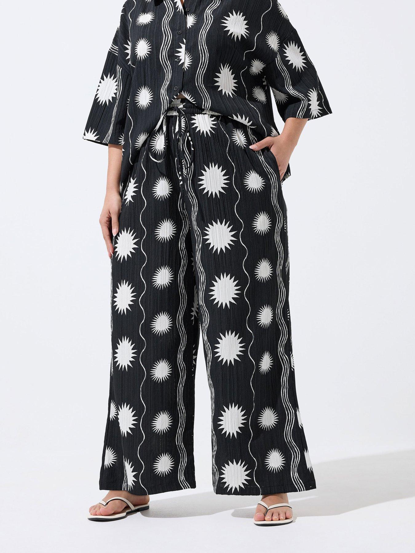 Yours Curve Sun Stripe Crinkle Trousr Co-Ord - Black