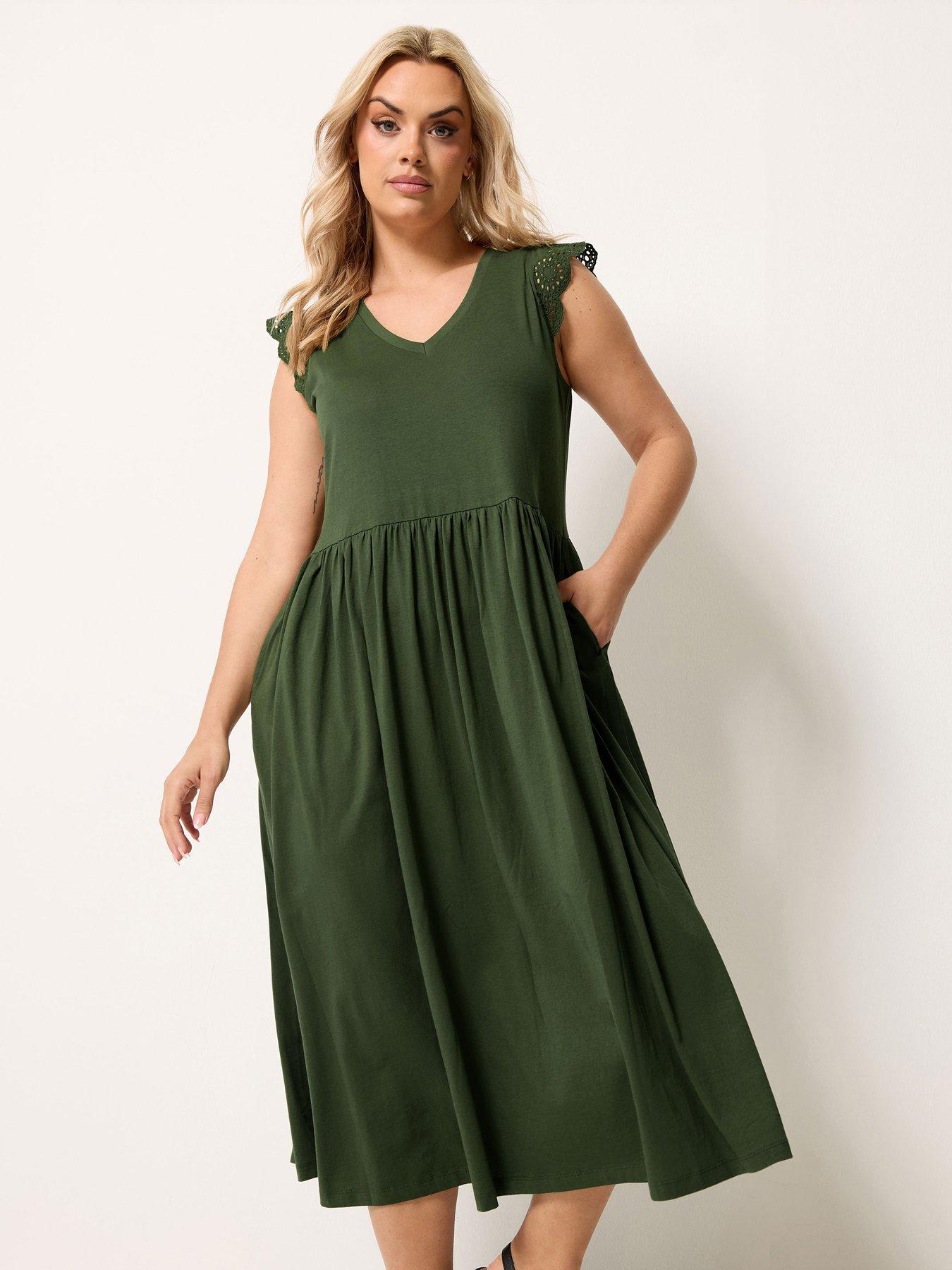 Yours Curve Broderie Sleeve Midaxi Dress - Green
