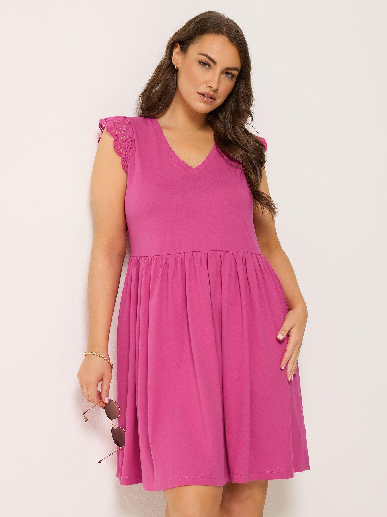 Image 1 of 5 of Yours Curve Broderie Sleeve Mini Dress - Pink
