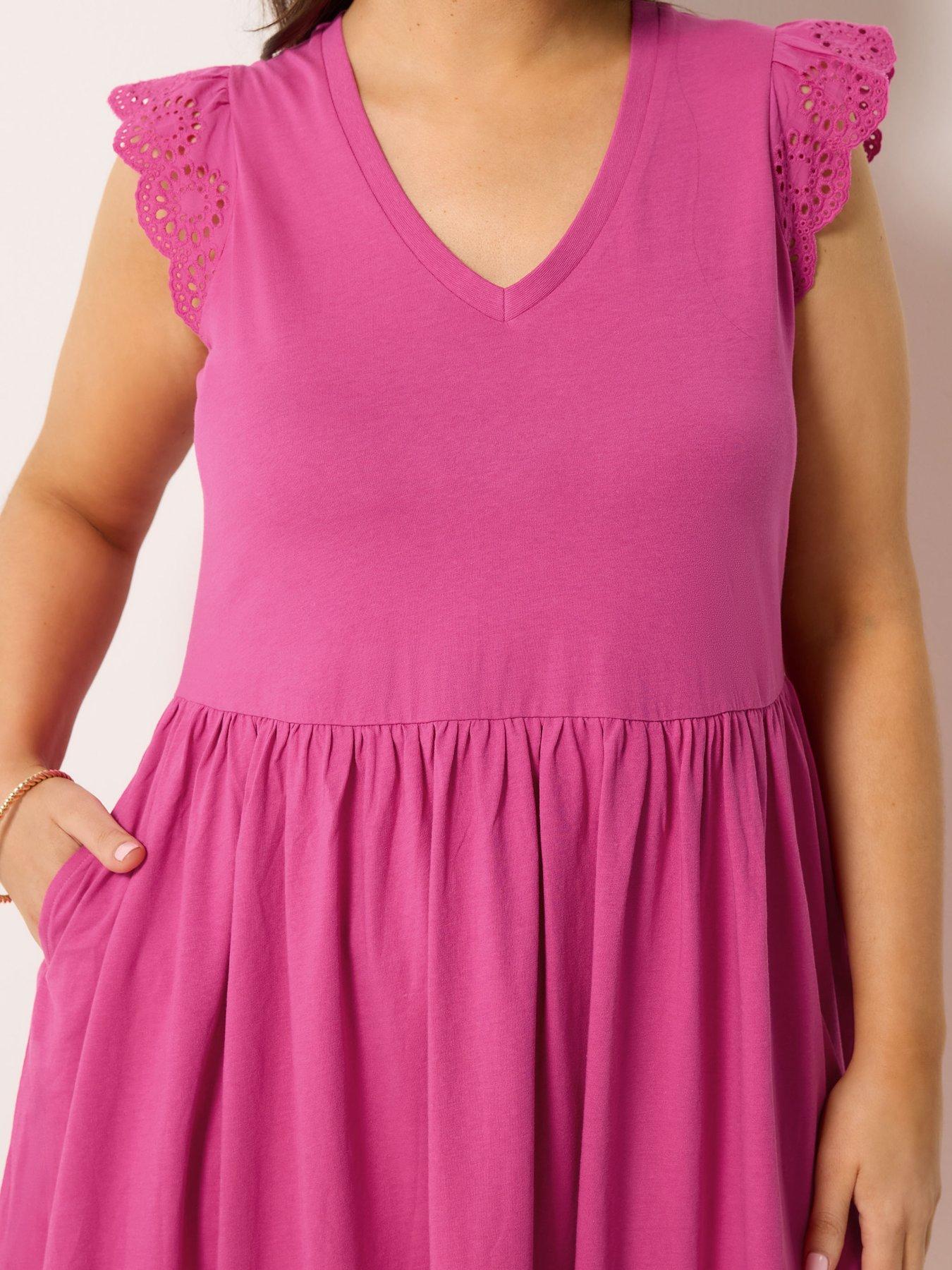 Image 4 of 5 of Yours Curve Broderie Sleeve Mini Dress - Pink
