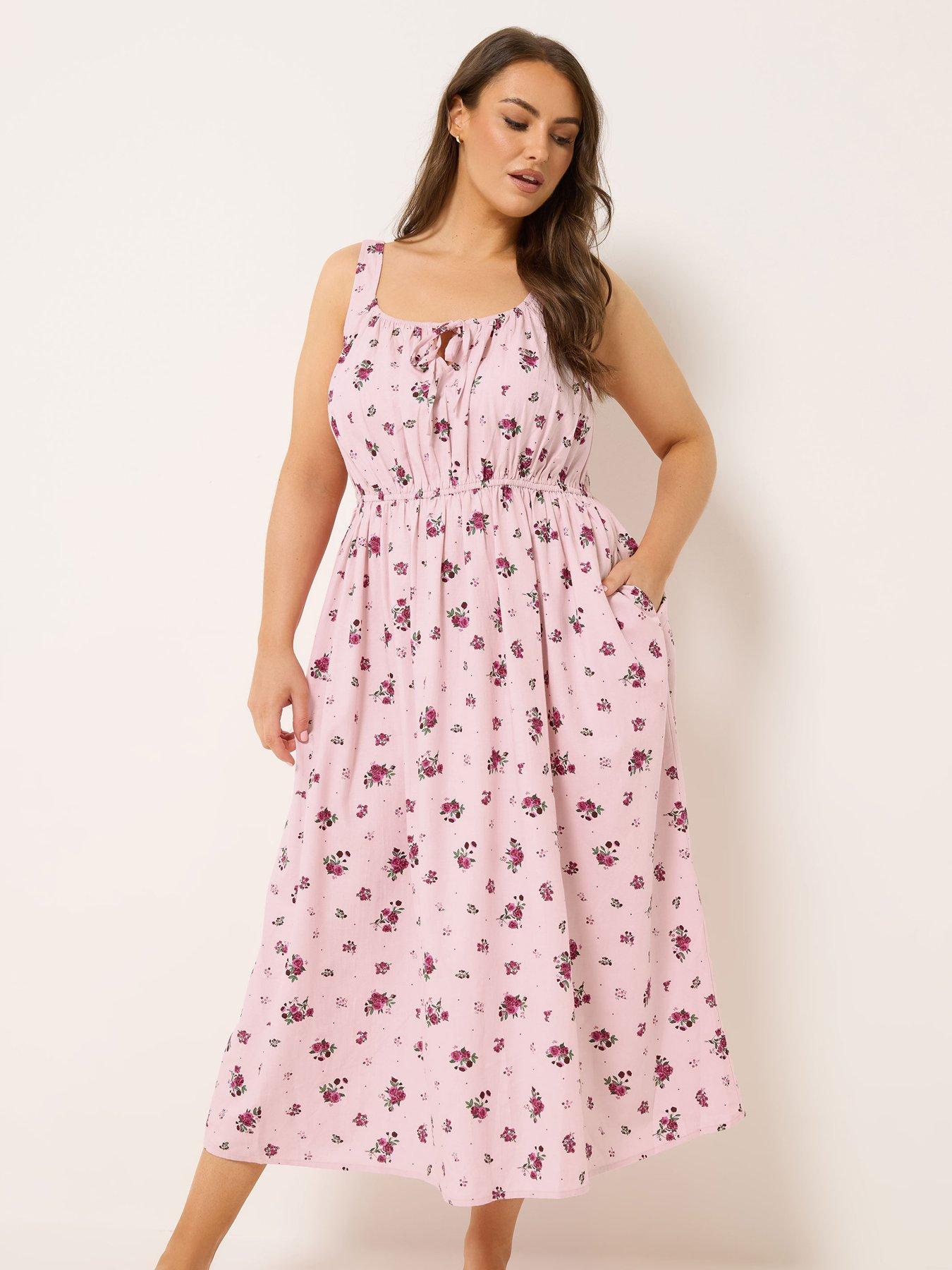 Image 1 of 4 of Yours Curve Floral Print Linen Milkmaid Dress - Pink