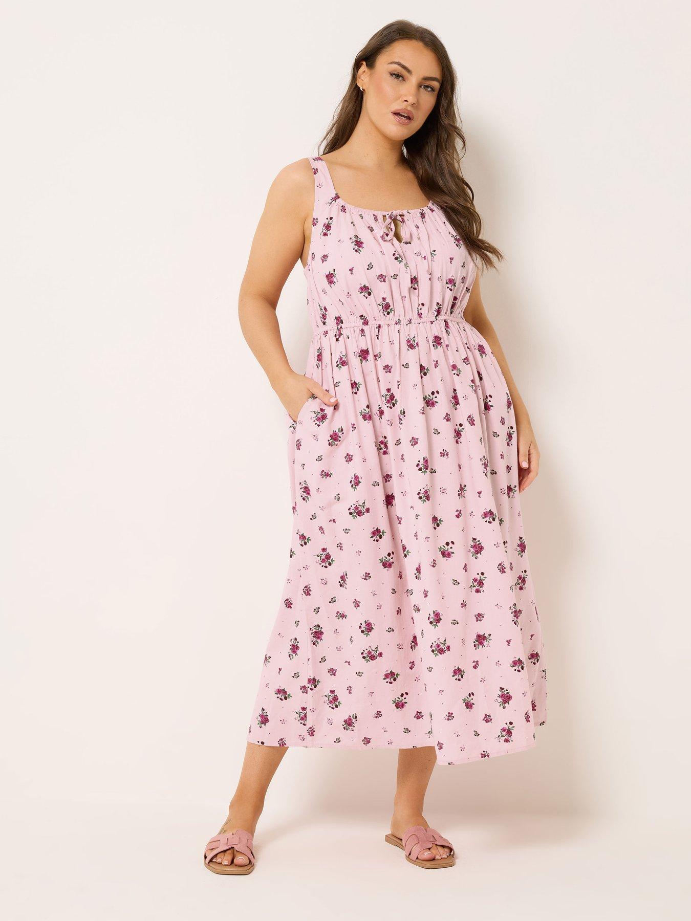 Image 3 of 4 of Yours Curve Floral Print Linen Milkmaid Dress - Pink