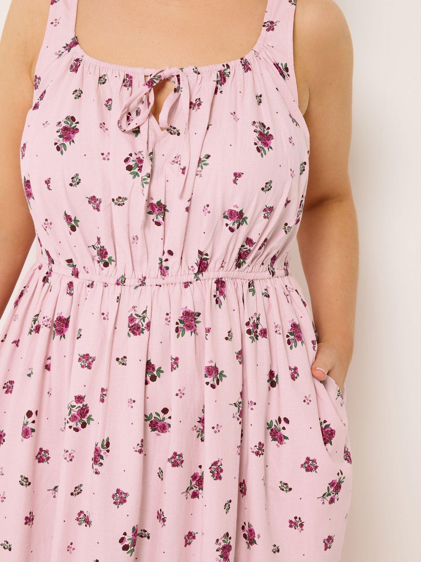 Image 4 of 4 of Yours Curve Floral Print Linen Milkmaid Dress - Pink