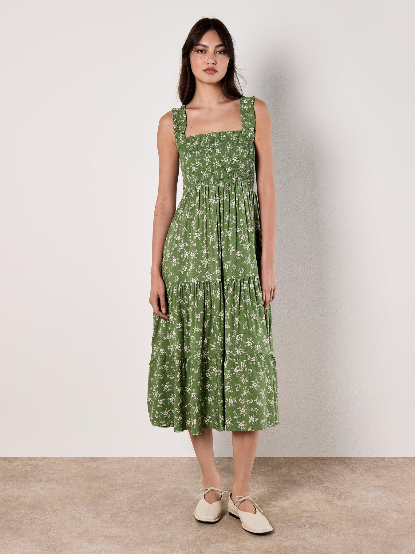 Apricot Orchid Smock Tiered Midi Dress - Green