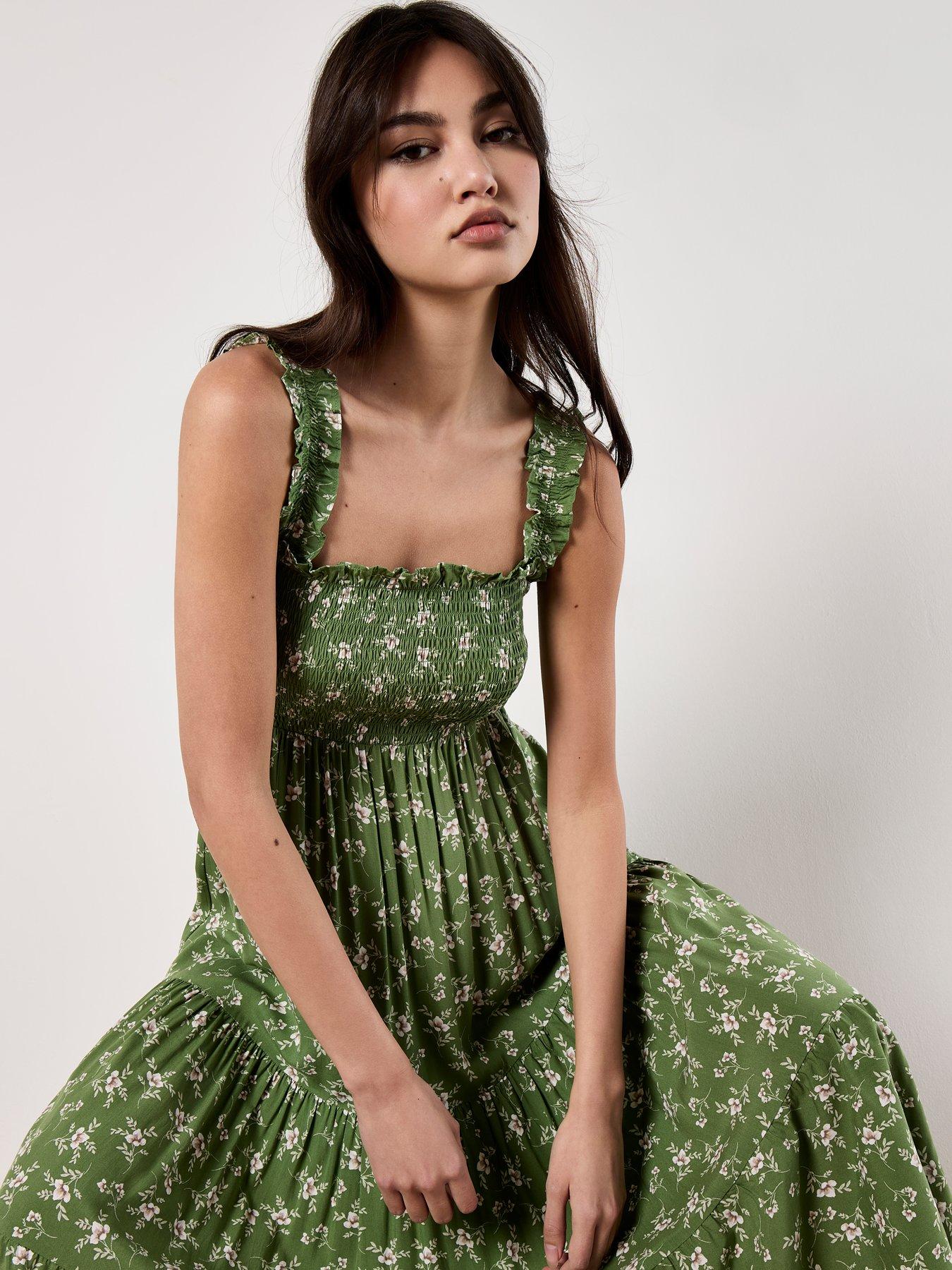 Image 3 of 4 of Apricot Orchid Smock Tiered Midi Dress - Green