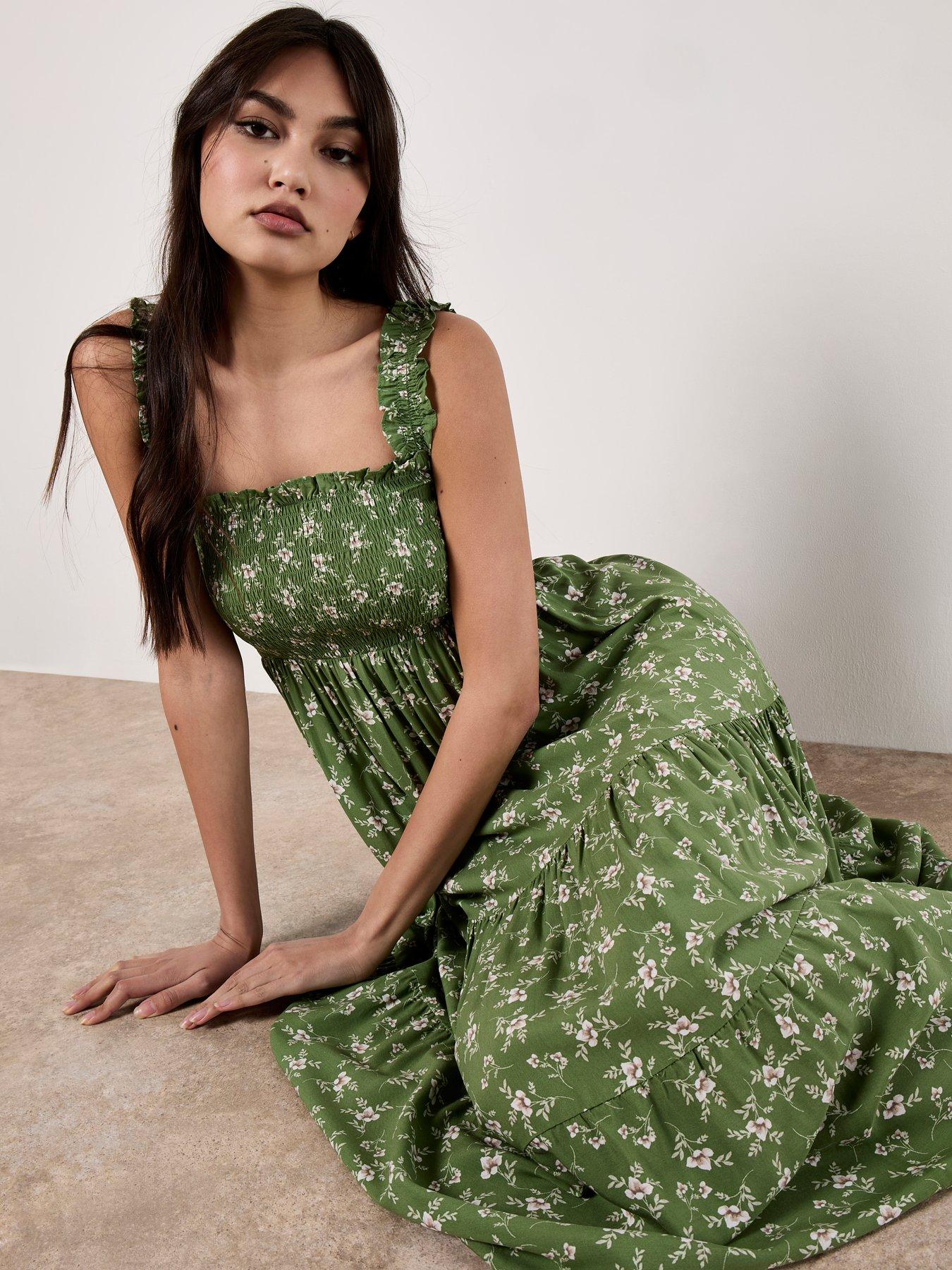 Image 4 of 4 of Apricot Orchid Smock Tiered Midi Dress - Green