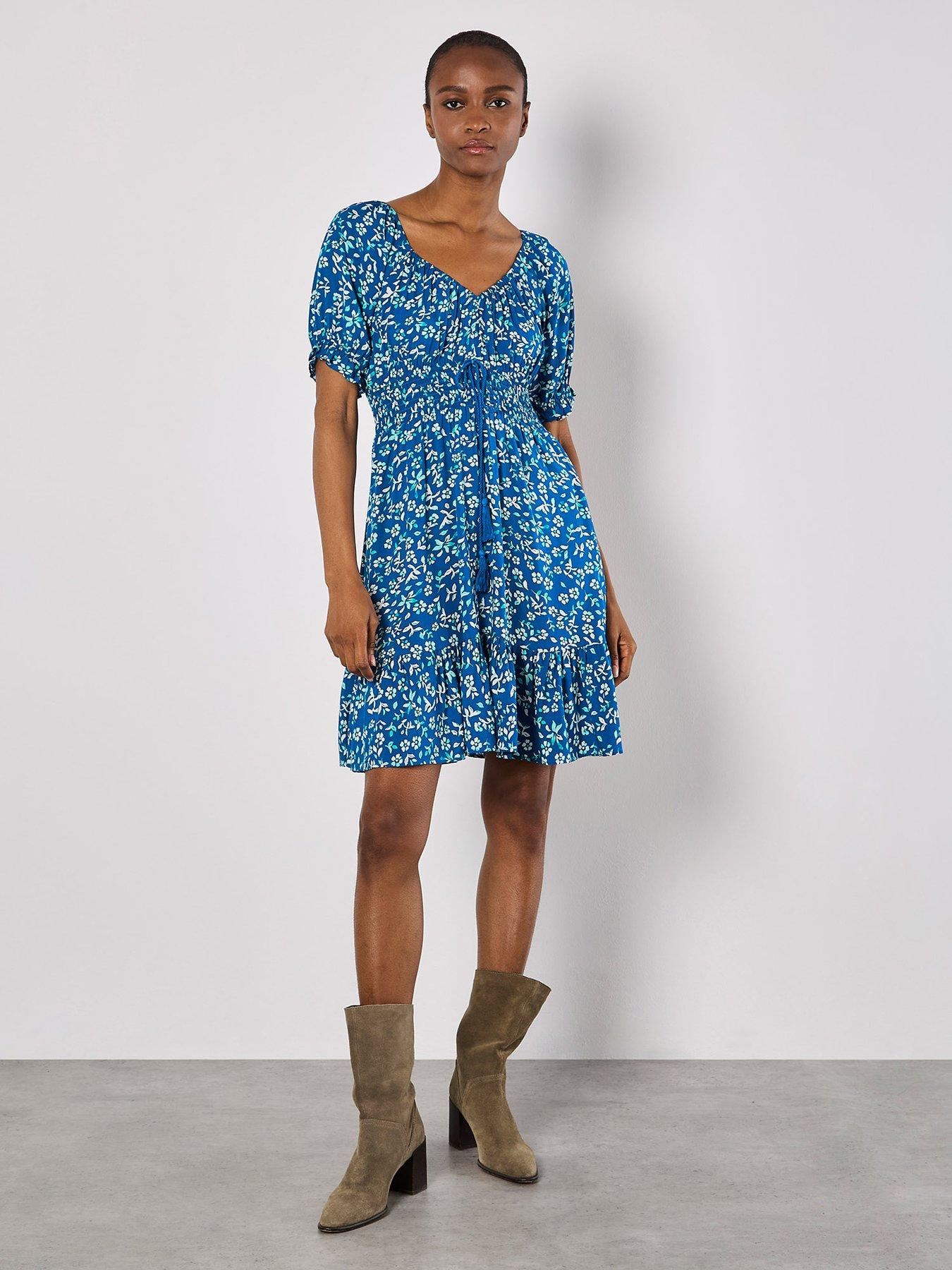 Image 1 of 5 of Apricot Sarasa Mallow Flower Bardot Dress - Blue