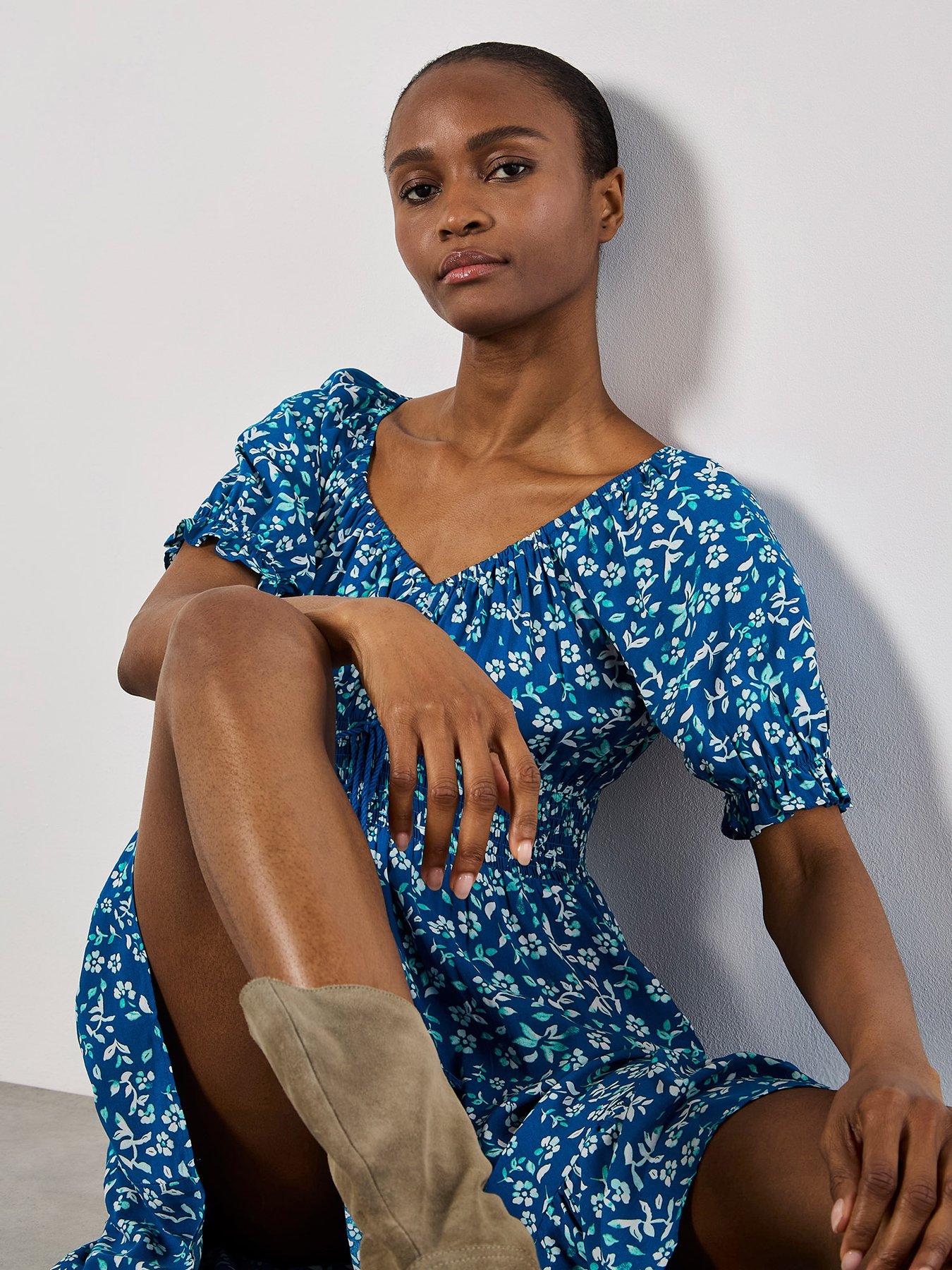 Image 4 of 5 of Apricot Sarasa Mallow Flower Bardot Dress - Blue