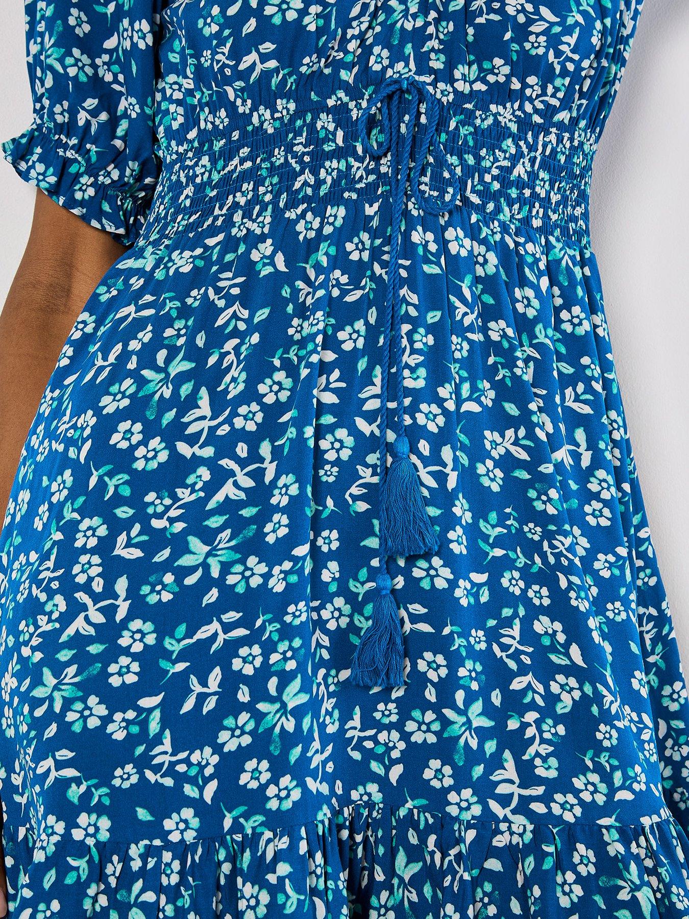 Image 5 of 5 of Apricot Sarasa Mallow Flower Bardot Dress - Blue