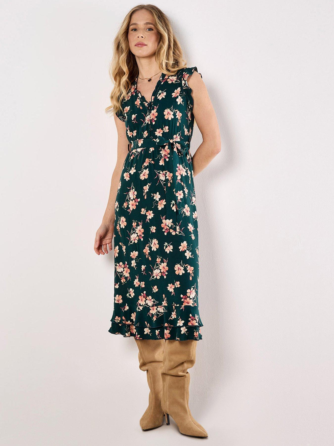 Apricot Rock Cress Floral Ditsy Midi Dress - Green
