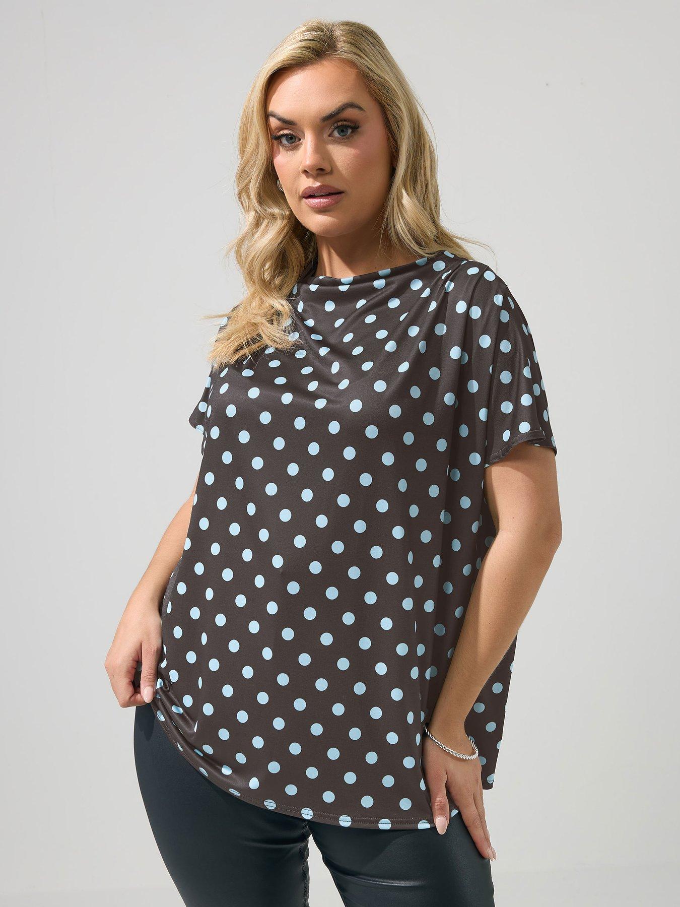 Yours Curve Polkadot Pleat Shoulder Top - Chocolate