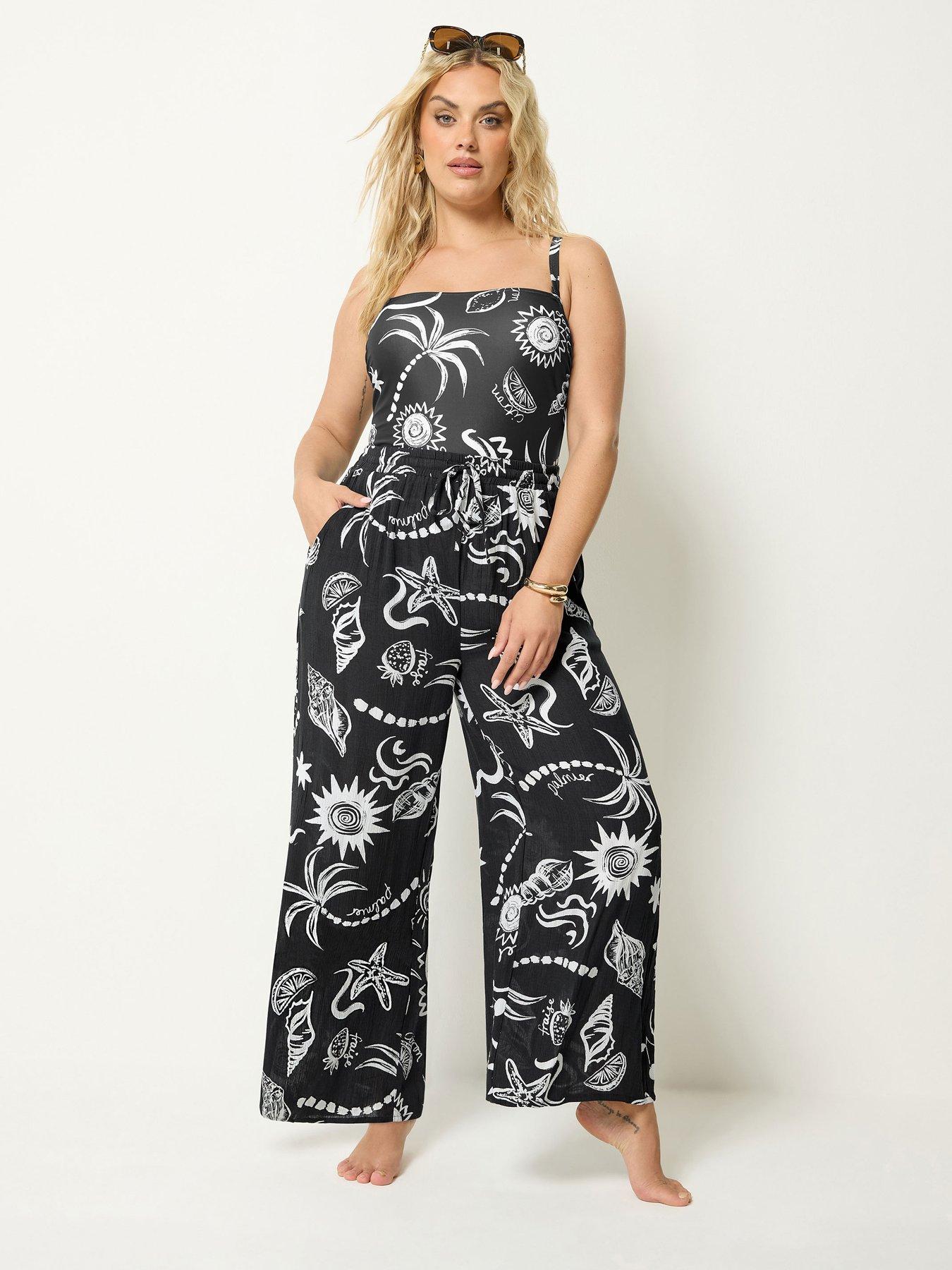 Image 1 of 4 of Yours Curve Shell Print Wide Leg Crinkle Trousers