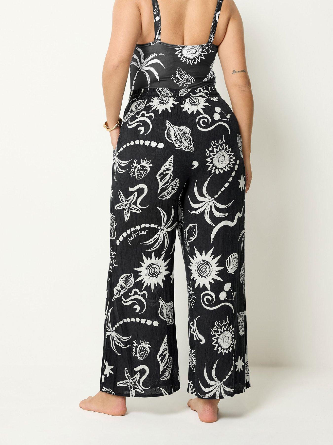 Image 2 of 4 of Yours Curve Shell Print Wide Leg Crinkle Trousers