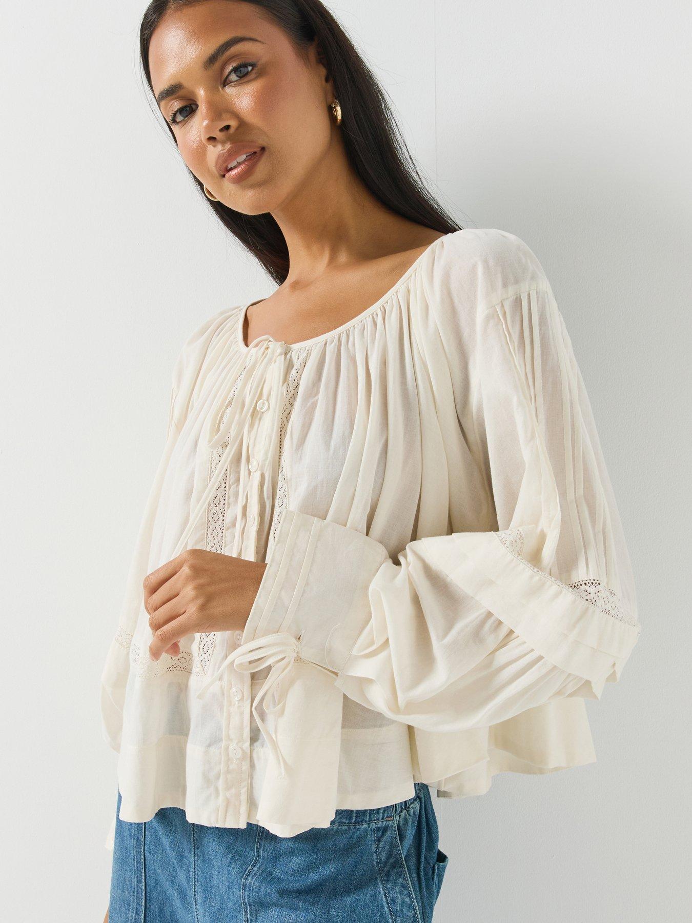 Image 1 of 6 of FREE PEOPLE Womens Tie Neck Lace Detail Blouse - Cream