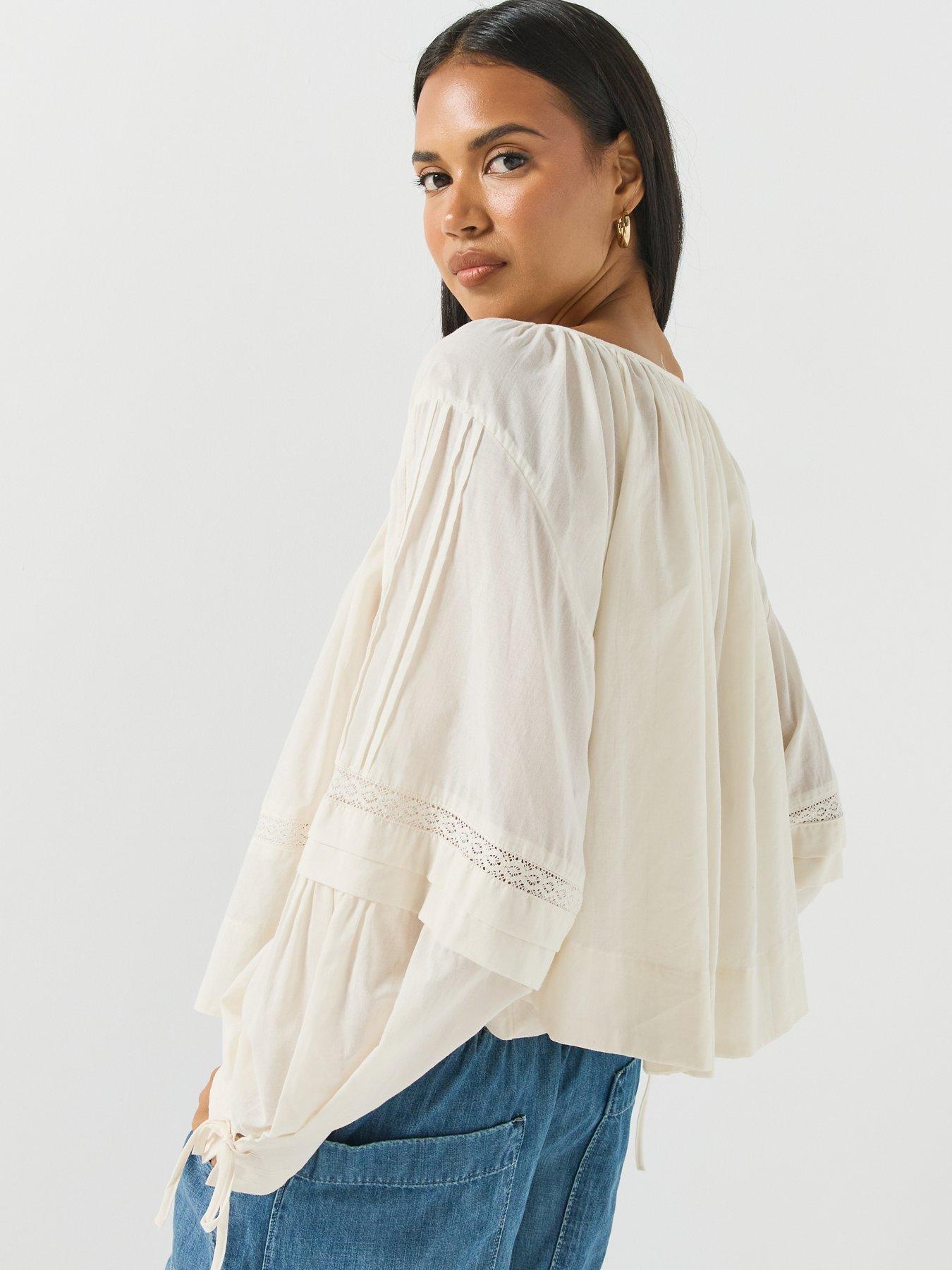 Image 2 of 6 of FREE PEOPLE Womens Tie Neck Lace Detail Blouse - Cream