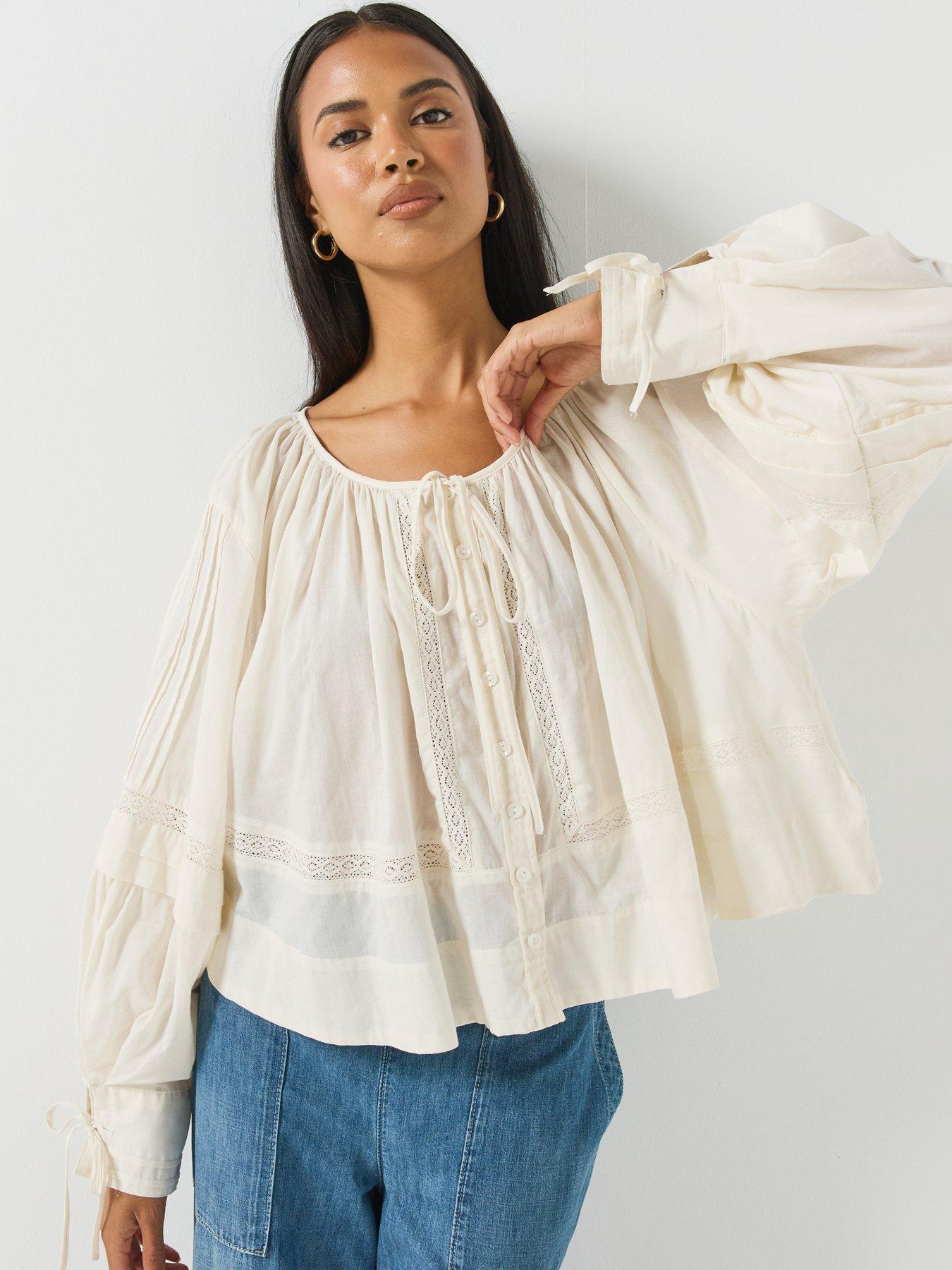 Image 4 of 6 of FREE PEOPLE Womens Tie Neck Lace Detail Blouse - Cream