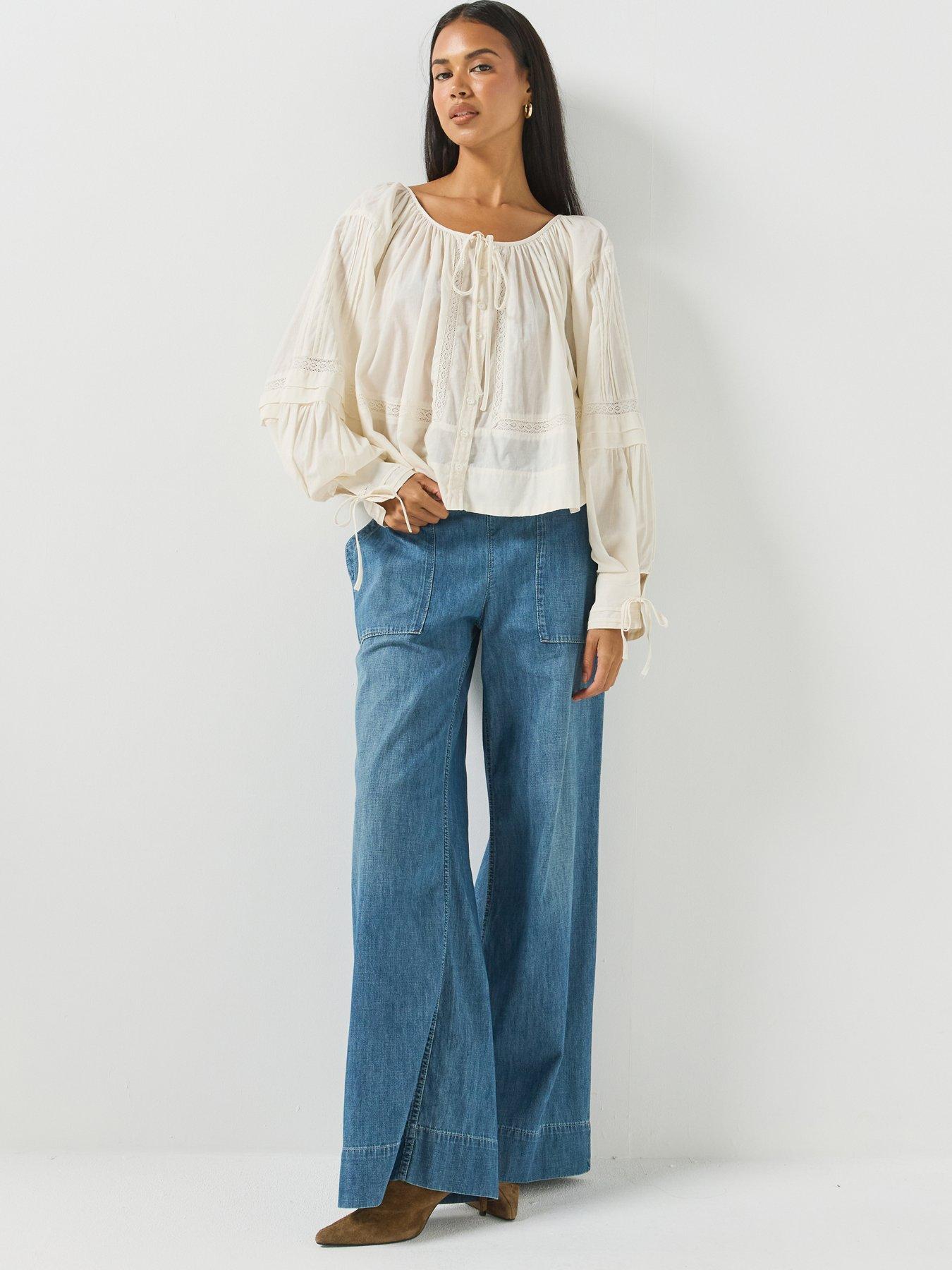 Image 6 of 6 of FREE PEOPLE Womens Tie Neck Lace Detail Blouse - Cream